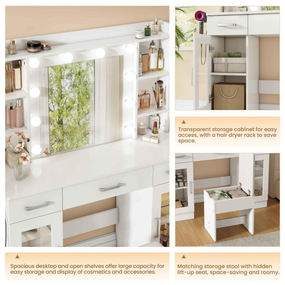 Coiffeuse blanche 110×40×145 cm avec miroir LED 10 lumières, hocker et support sèche-cheveux inclus - 5