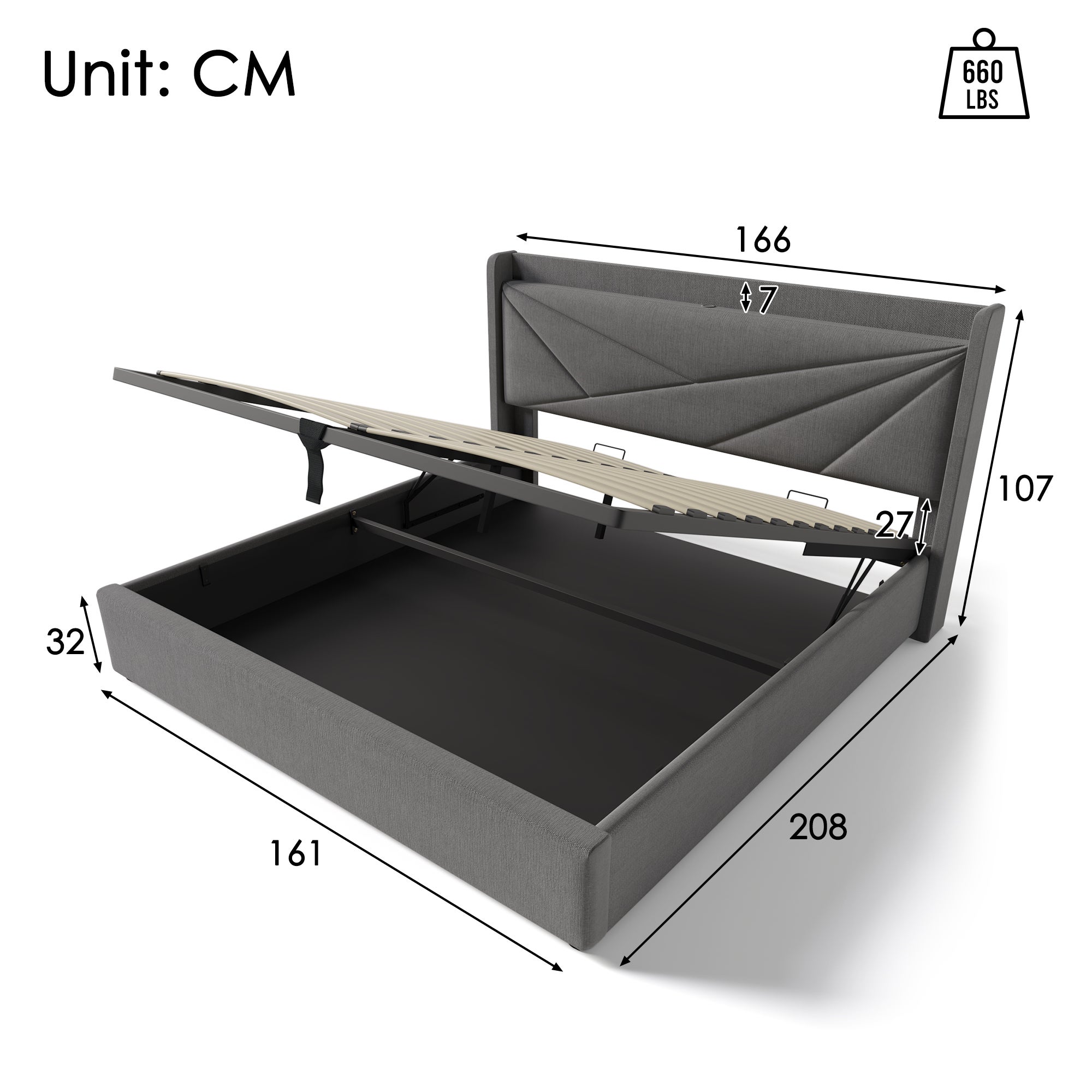 Lit coffre lit rembourré 160x200 cm avec fonction de charge USB Type C, lin, gris, sans matelas - 4