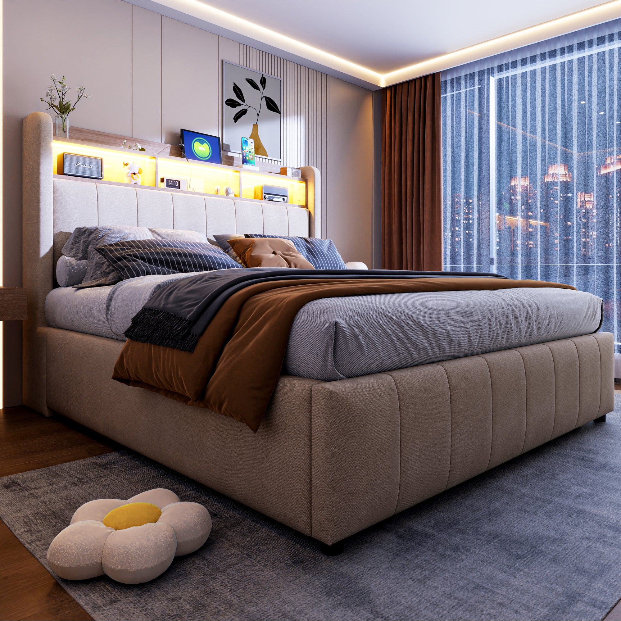 Lit double Lit coffre 140x200 cm avec LED et USB, tête de lit avec rangement, lin beige, sans matelas - 2