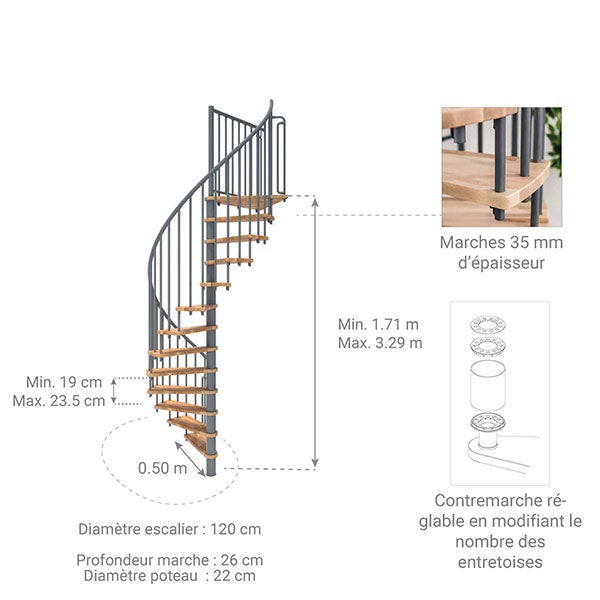 Escalier colimaçon 11 marches - Hauteur à franchir 2.09 à 2.59m - Diamètre 120cm - Structure grise et marche hêtre - BERL120-GH-11 - 2