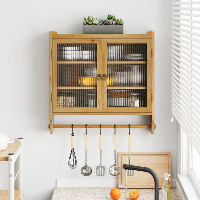 Cabinet mural vintage en bois avec portes vitrées, 3 étagères et porte-serviette, 63 cm, pour salle de bain, cuisine et salle à manger