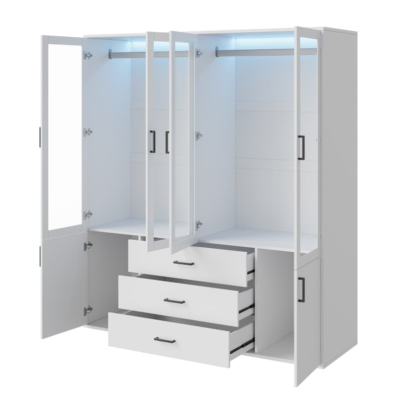 Armoire 160 cm avec 4 Portes Vitrées et 3 Tiroirs, Éclairage LED Intégré, Espace de Rangement Spacieux, Design Moderne Blanc - 5