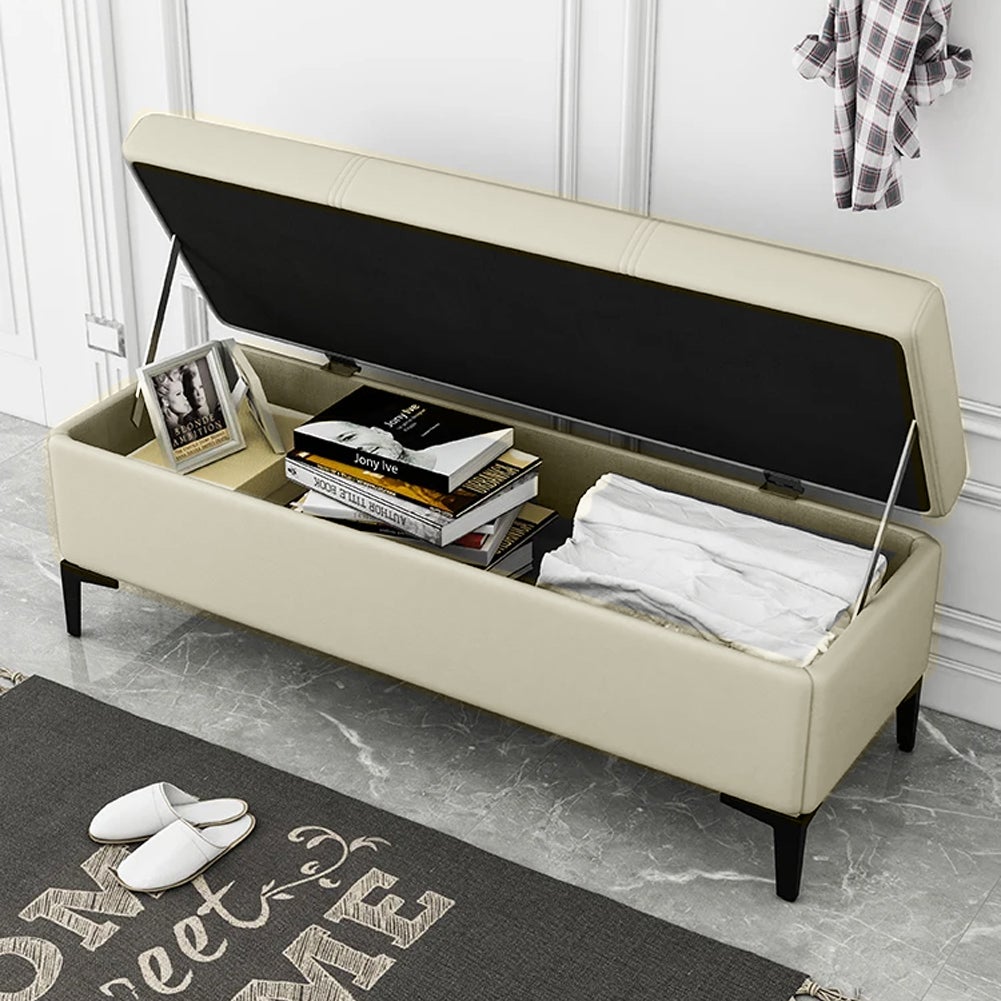 Pouf Contenitore In Ecopelle Beige - Cassapanca Con Piedini Metallo, Poggiapiedi Elegante Per Soggiorno