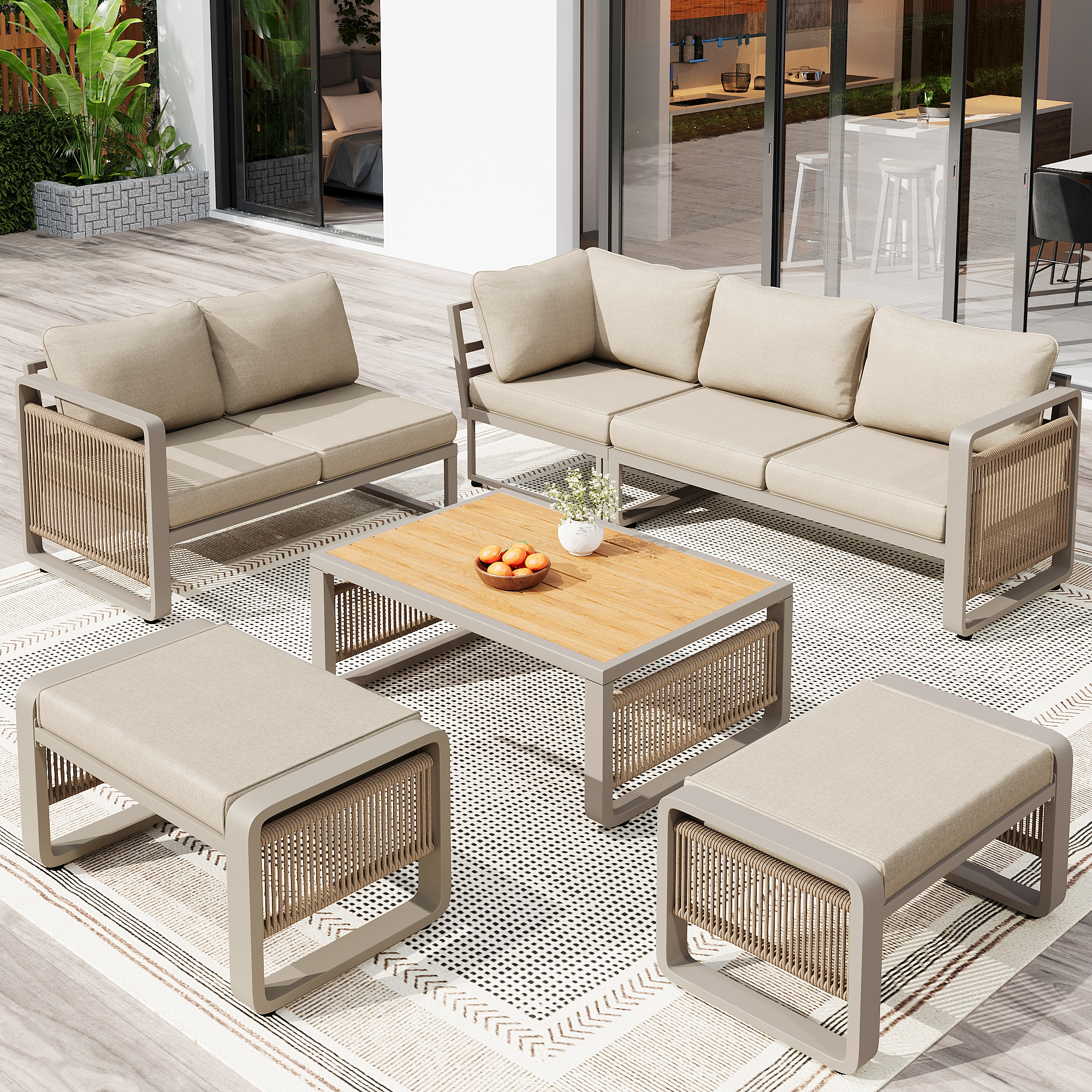 Salon de jardin corde tissée à la main pour 6-7 personnes,avec pieds de chaise réglables,Ensemble de canapé d'angle extérieur avec table basse,Beige - 5