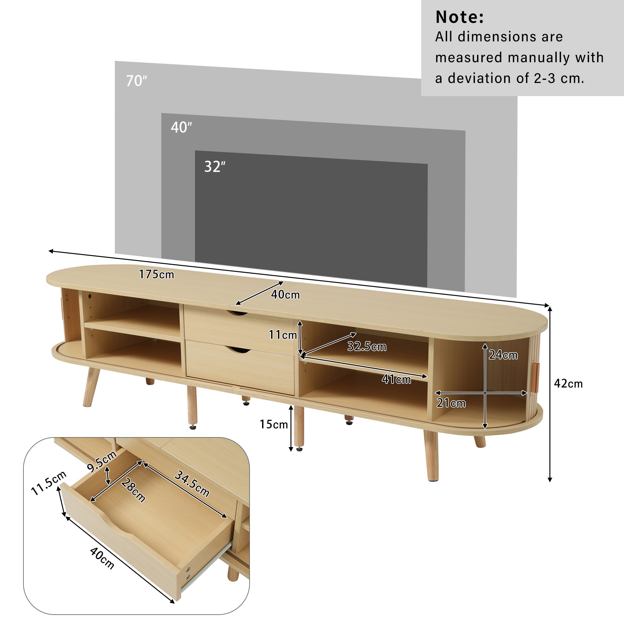 Meuble TV avec 2 portes coulissantes en forme ovale - 175 x 40 x 42cm - Bois MDF - Couleur bois - 6