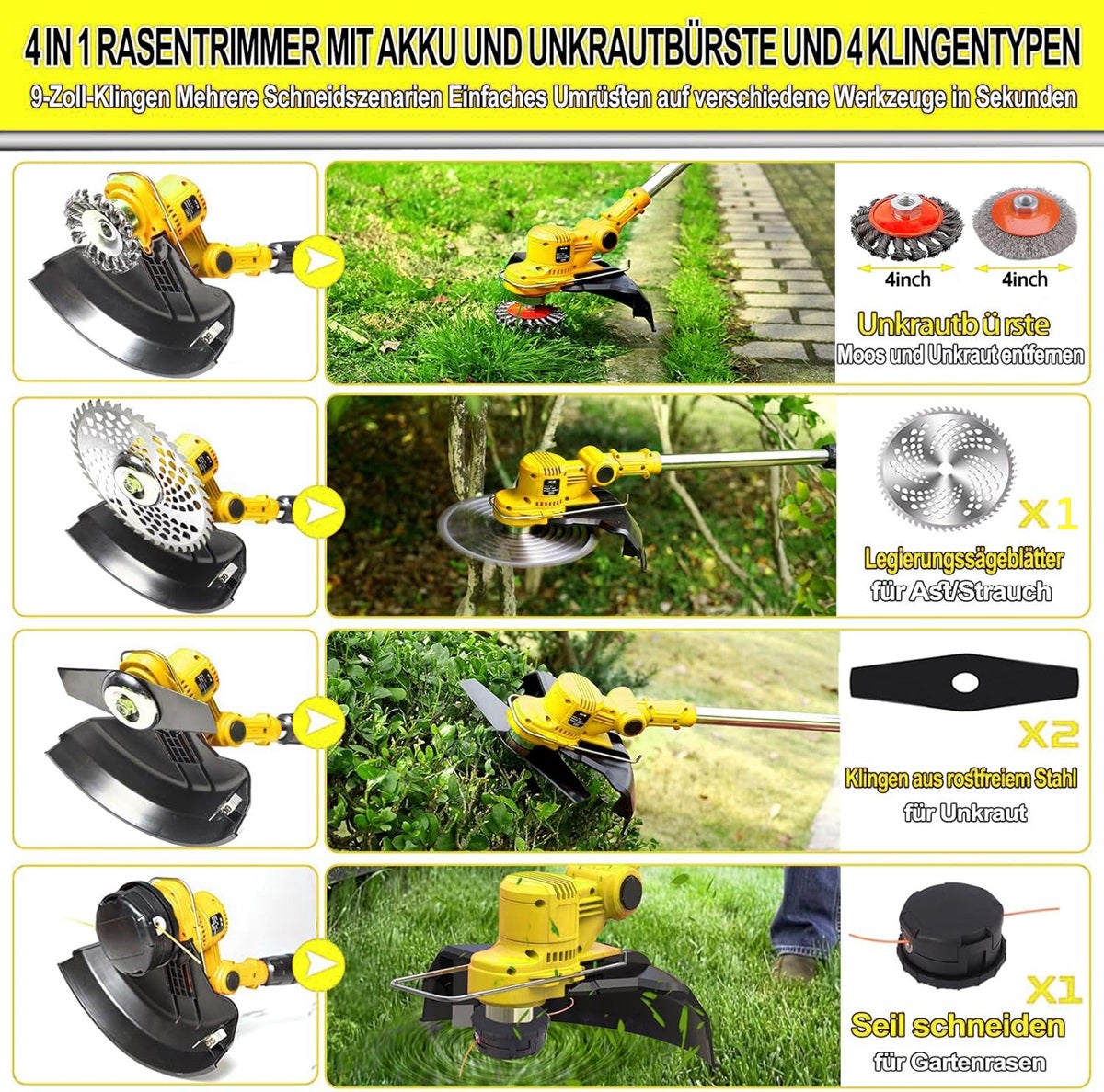 Débroussailleuse batterie avec brosse désherbante, coupe-bordures sans fil 2-en-1, outil jardin pour nettoyage des mauvaises herbes, allées et pavés - 6