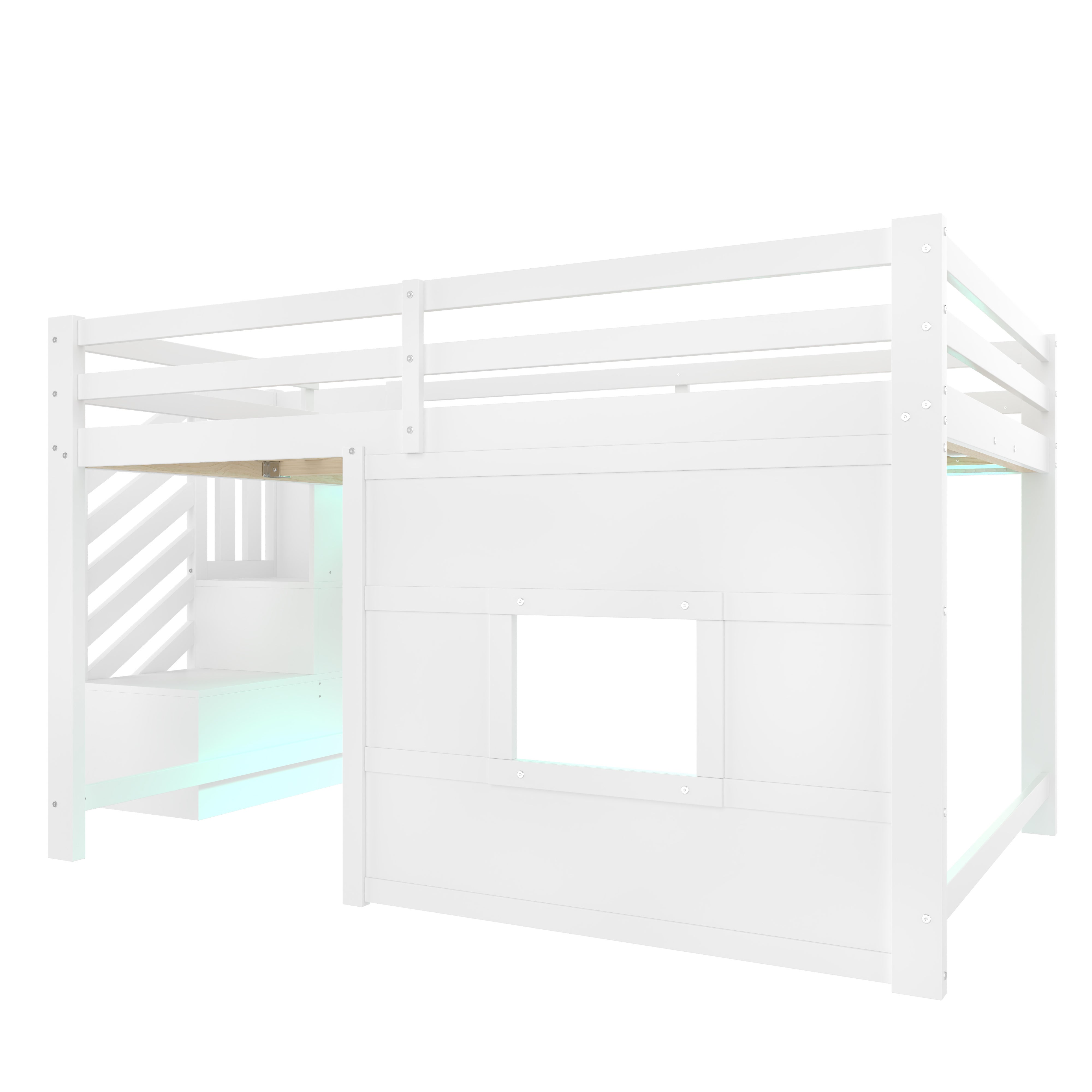 Łóżko piętrowe 140x200 cm - Z drabinką i oknem - Z oświetleniem LED - Barierka zabezpieczająca - MDF - Białe - 3