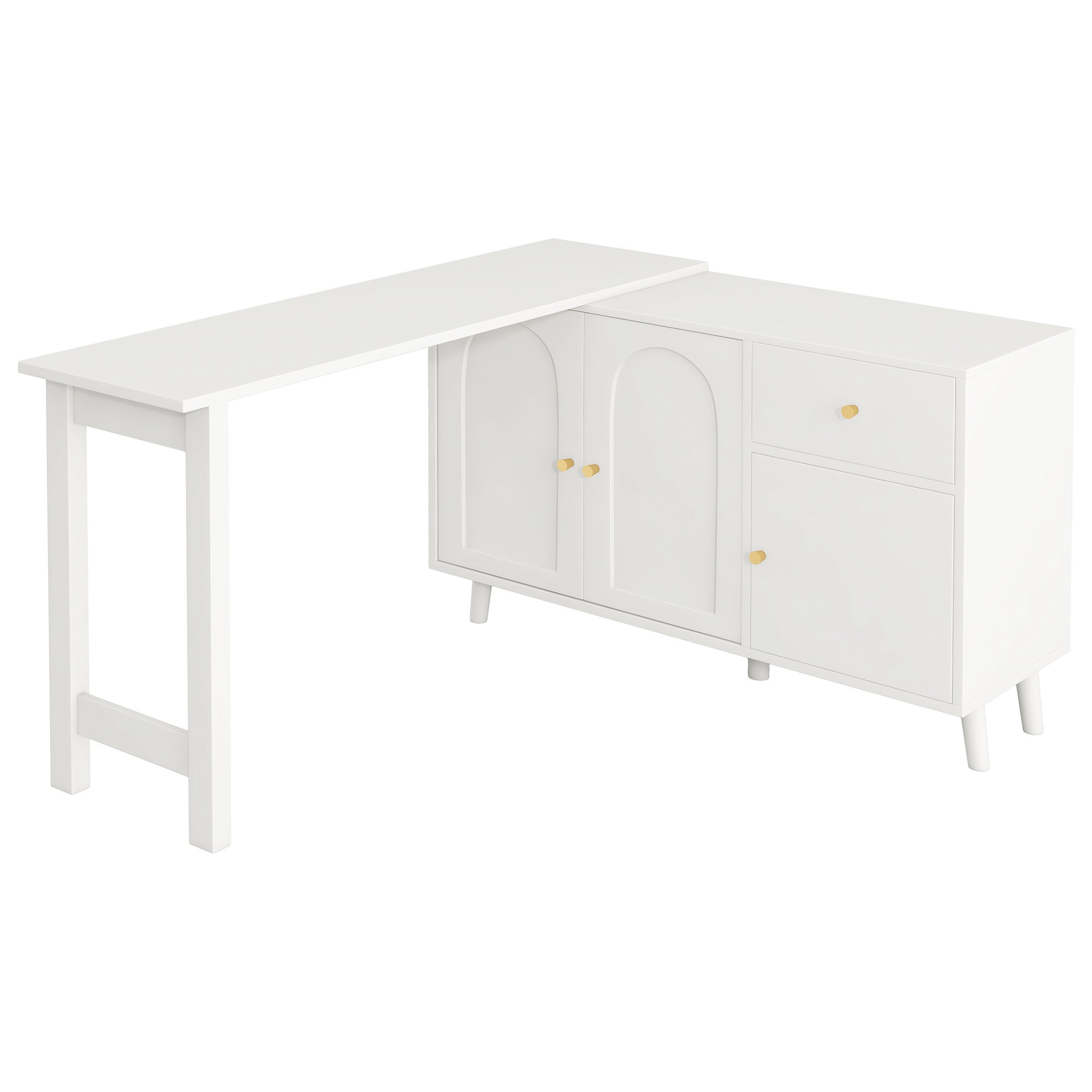 Bureau d'angle pivotant avec 3 portes et 1 tiroir, coiffeuse - 120 x 40 x 74.5 cm - Panneau de particules - Blanc - 7