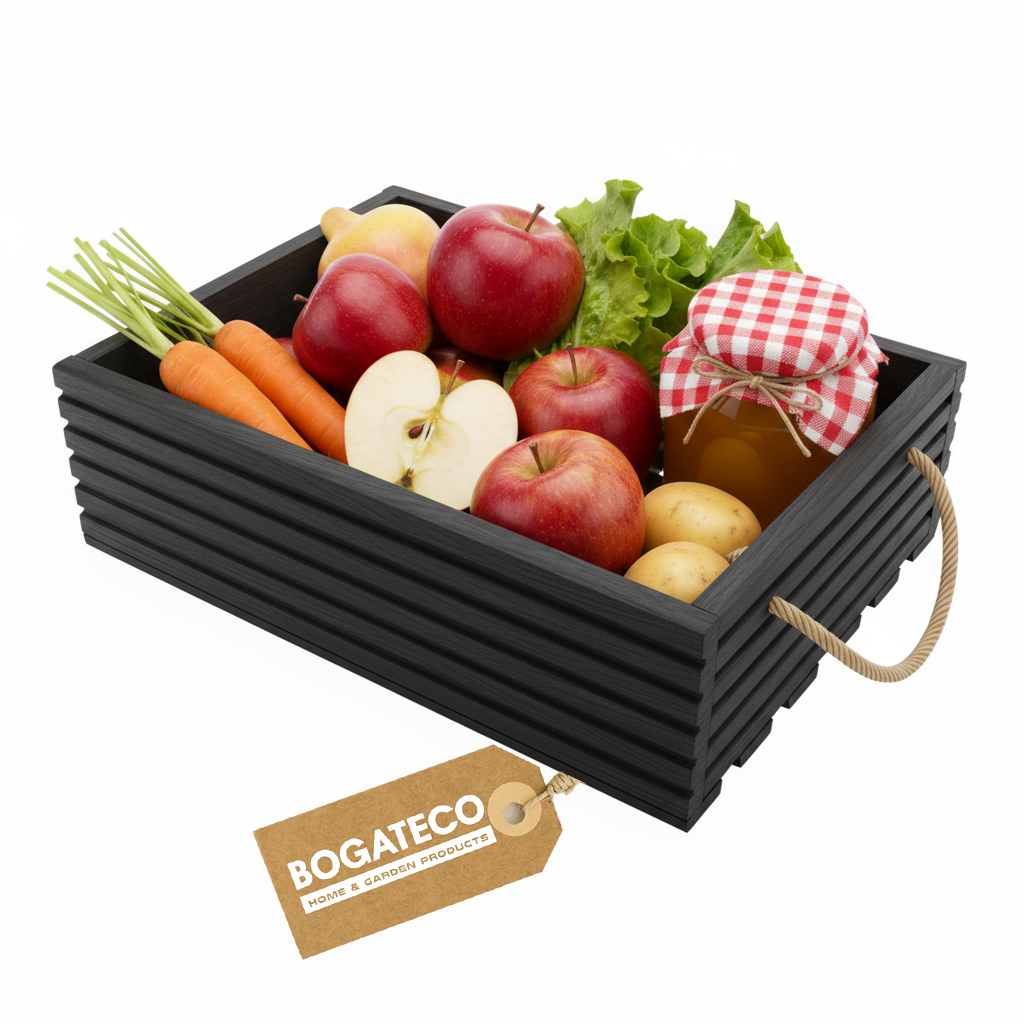 BOGATECO Caisse En Bois Massif Naturel 60×35×14,5 Cm – Rangement Décoratif Fruits, Légumes, Jouets – Noir