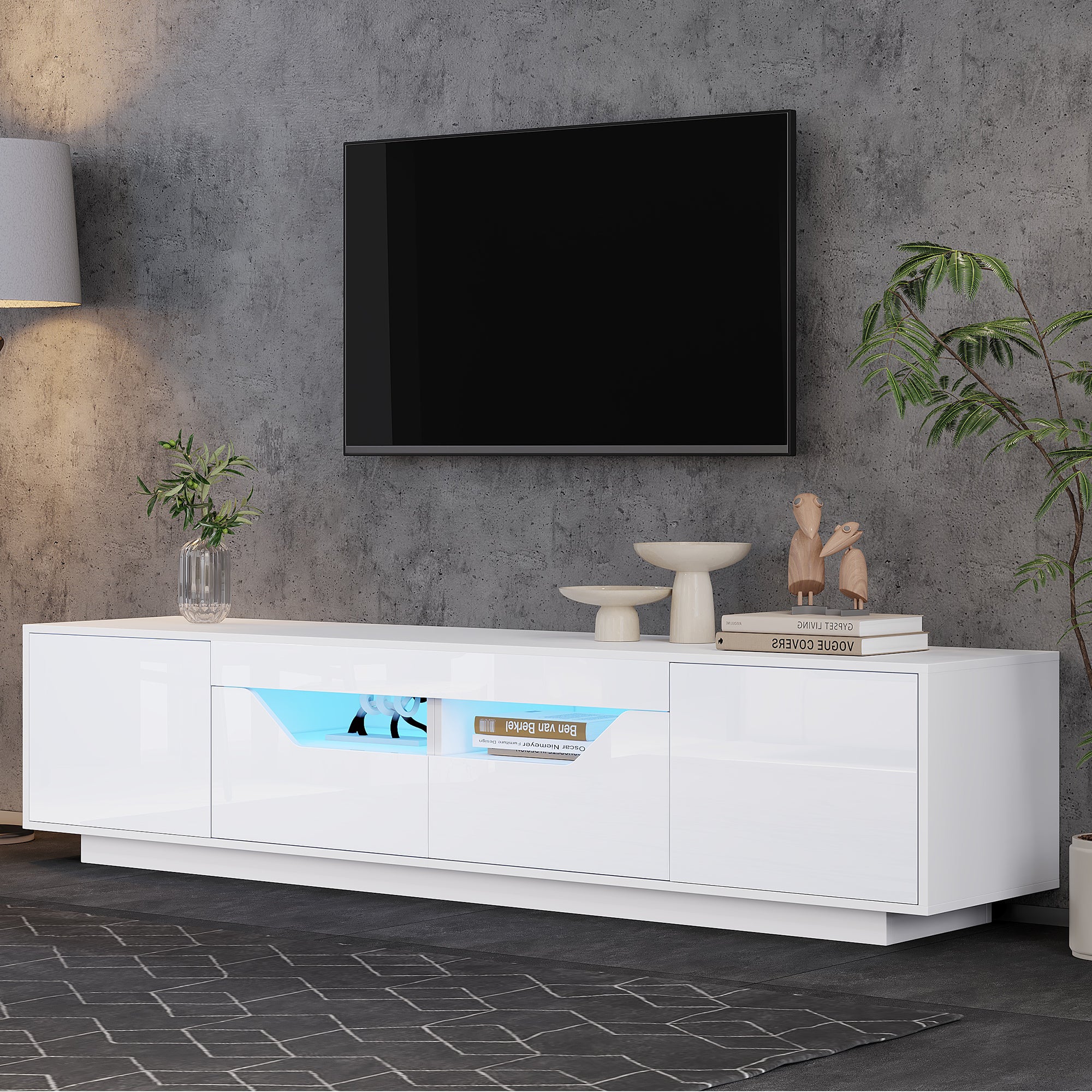 Meuble TV brillant 180x40x45 cm - avec éclairage LED - 2 tiroirs et 2 portes - Compatible avec téléviseurs 75 pouces - Blanc - 3