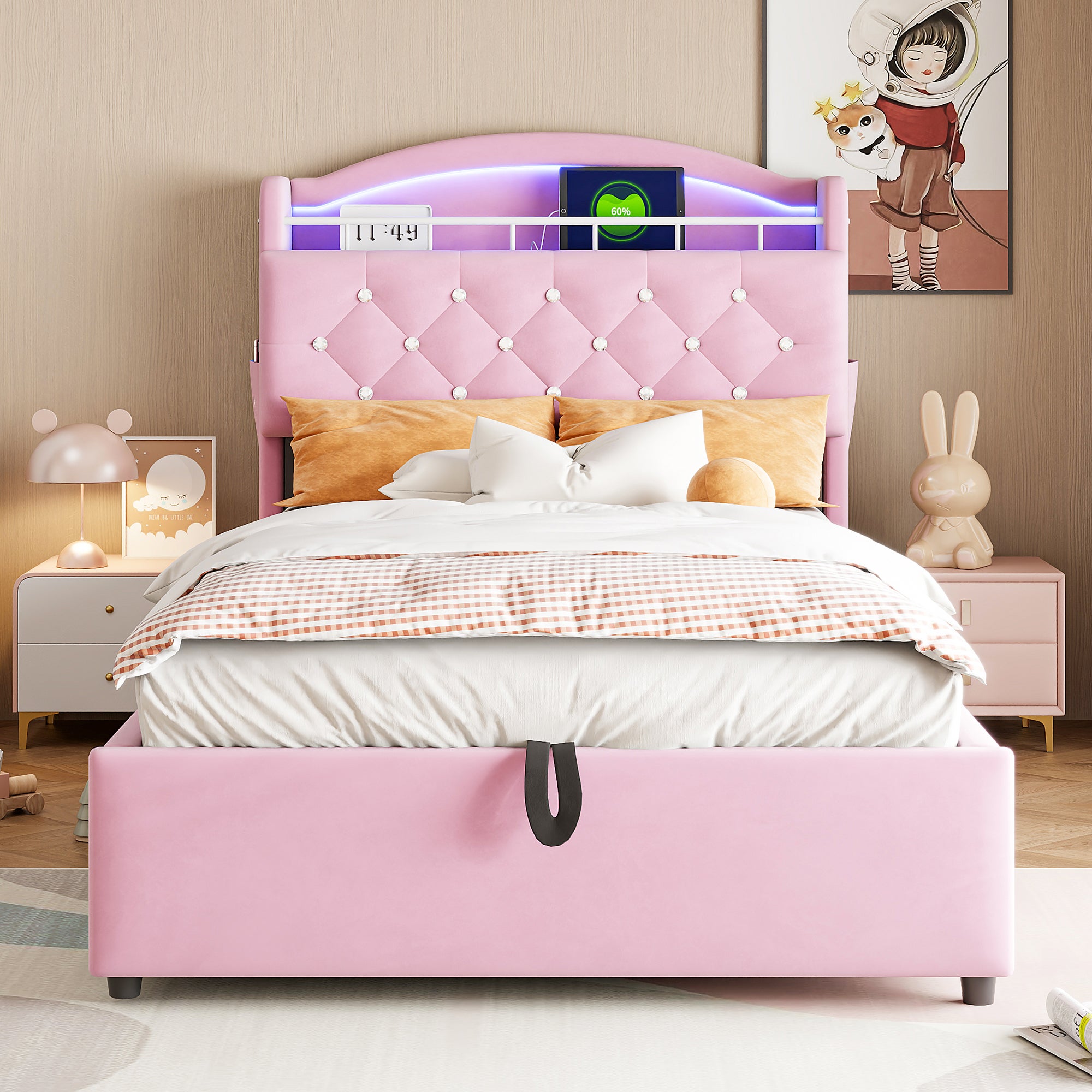 Lit rembourré 90x200 cm,Lit Enfant avec lumière LED et USB,avec Espace de Rangement,Lit Simple multifonctionnel,Velours,Rose (Matelas Non Inclus) - 3