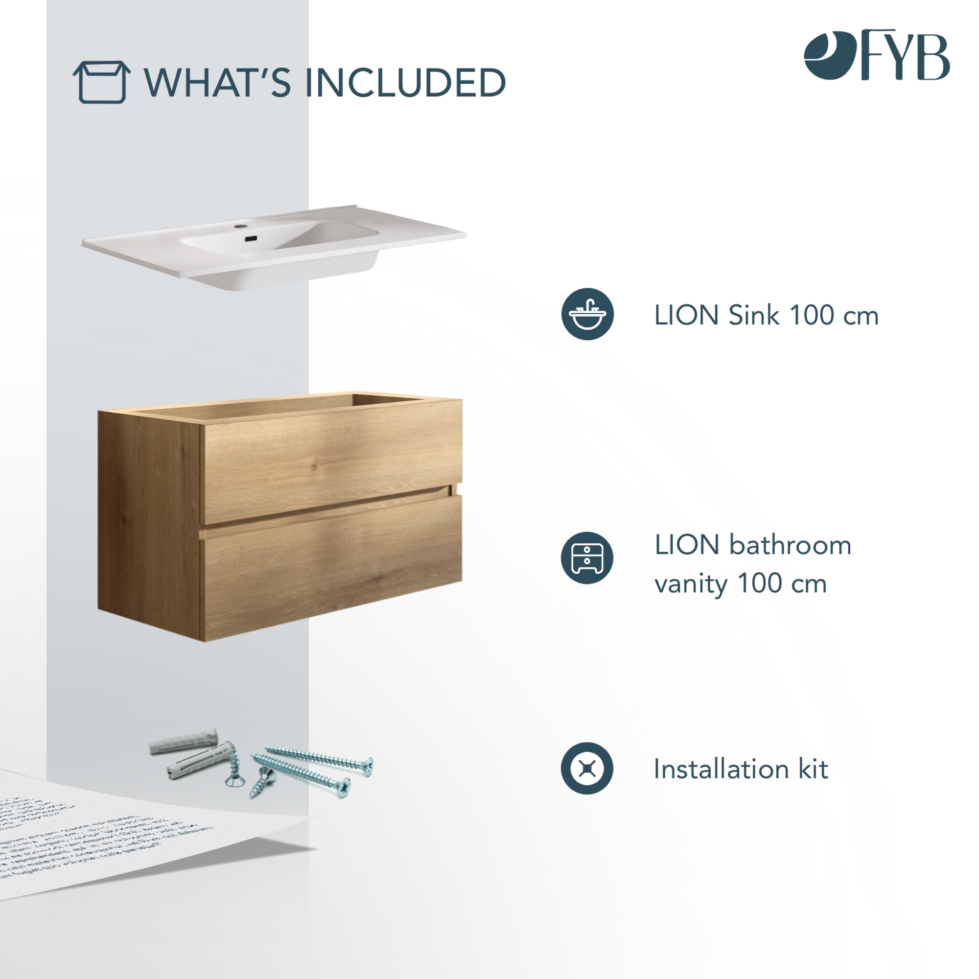 Feel Your Bath Meuble de Salle de Bain Lion Bois 100 cm avec Plan Céramique Blanc Brillant – Élégant, Compact, Installation Facile - 7