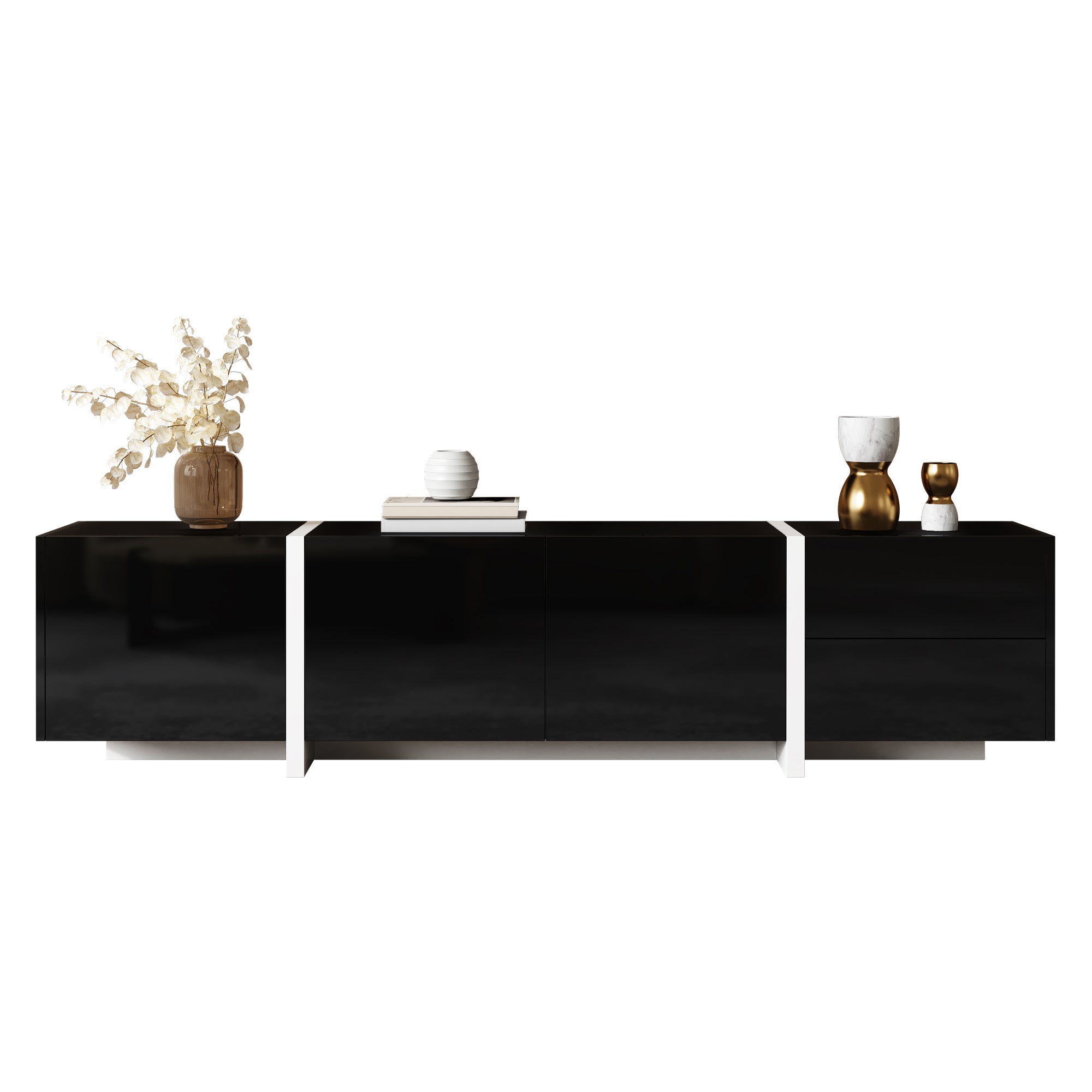 Stolik TV z szafką - czarny połysk, białe nogi, 170x30x39cm, szuflada i drzwi z LED
