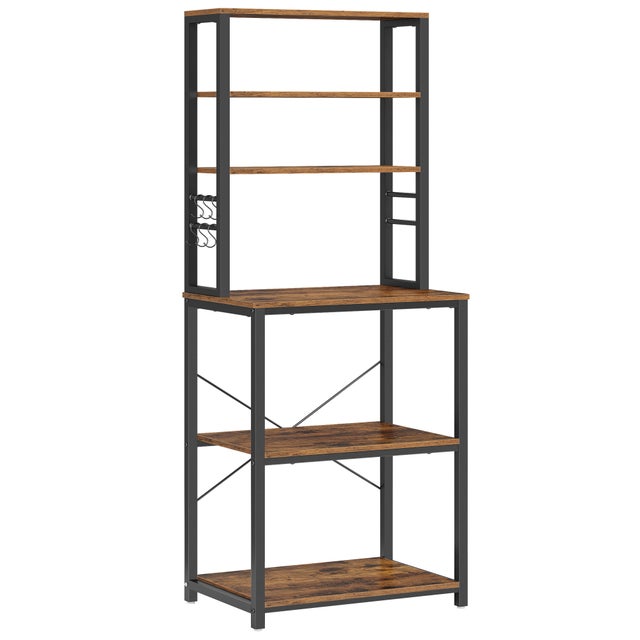 Scaffale Cucina, Supporto per Microonde, 6 Ripiani, 6 Ganci, Acciaio, Industriale, 40 x 60 x 167 cm, Marrone e Nero