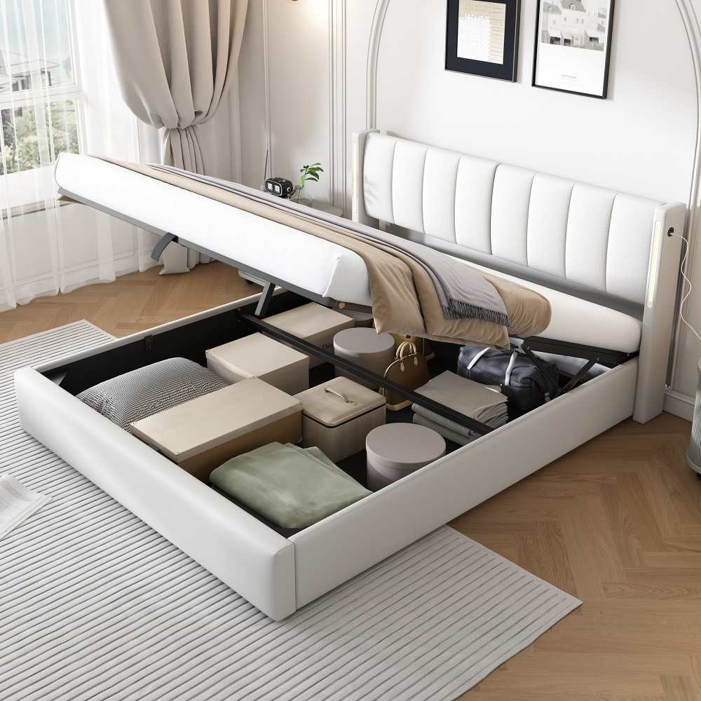 Łóżko tapicerowane LED binauralne 160x200cm z USB, schowkiem i regulowanym oparciem z PU