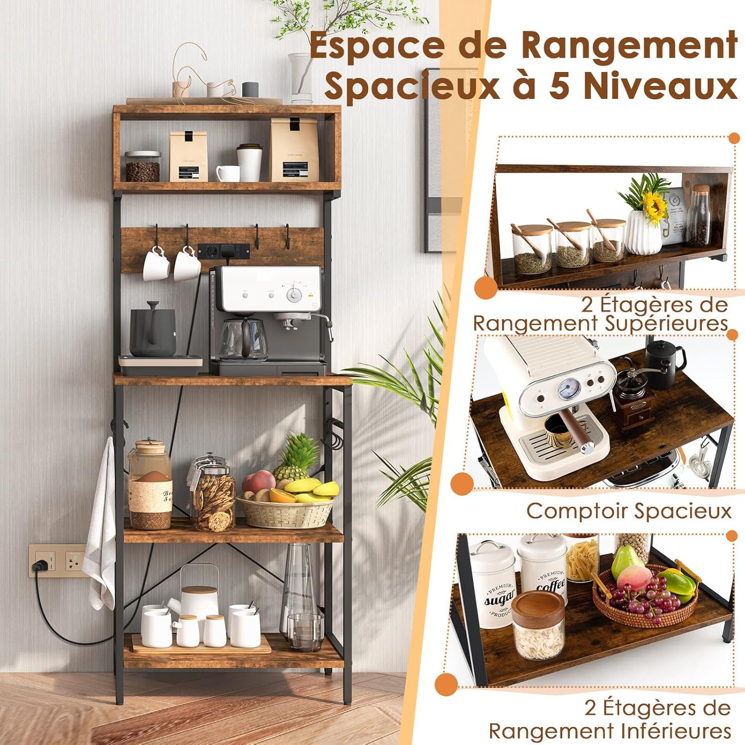 Mensola da Cucina, Supporto per Microonde con Presa Elettrica Ripiani Aperti e 10 Ganci Appendiabiti, Scaffale Multifunzionale per Cucina Sogg - 7