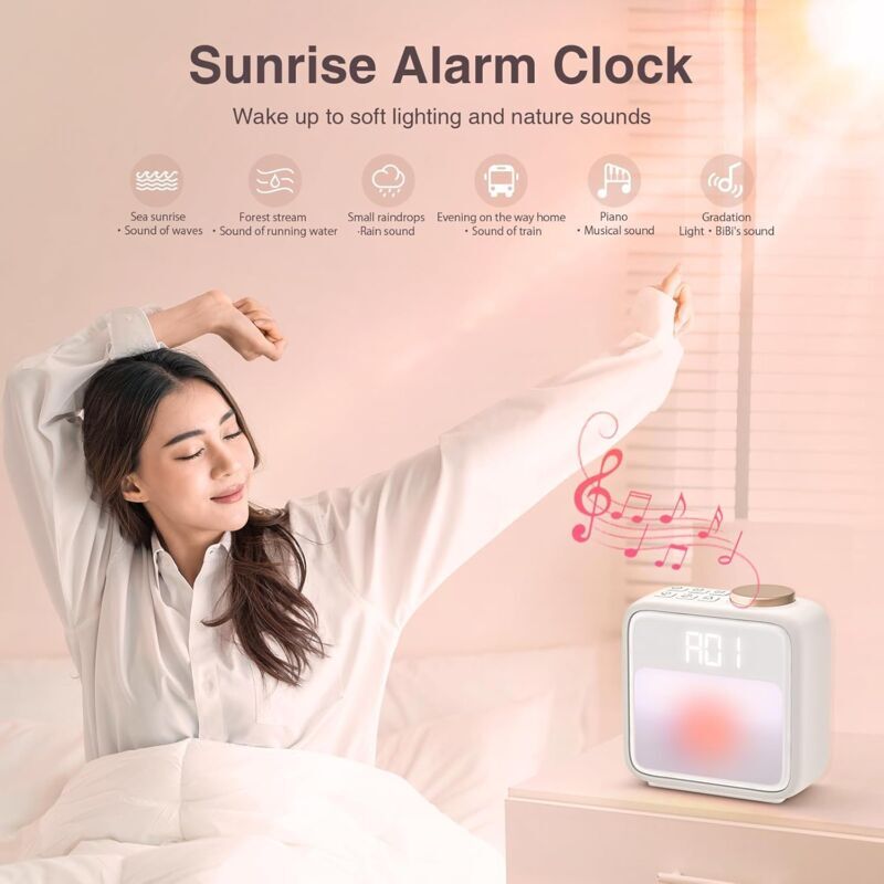Réveil avec lever de soleil, 6 sons de la nature et veilleuse 10 couleurs, double réveil avec soleil, aide au sommeil et fonction snooze - 2