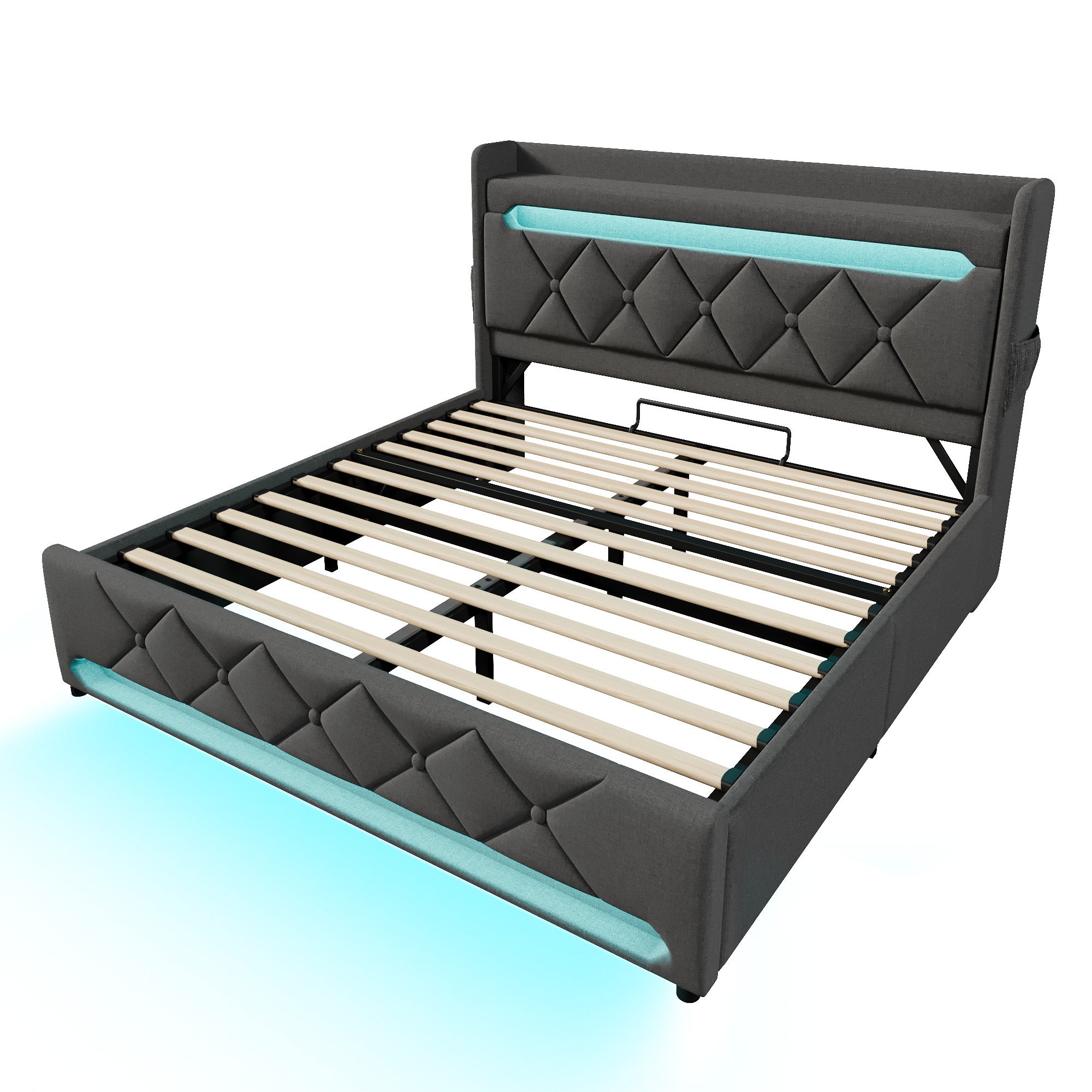 Cama tapizada con almacenamiento 160x200 cm - con LED y puertos USB de carga - tejido de lino - cabecero con espacio de almacenamiento - Gris - 8