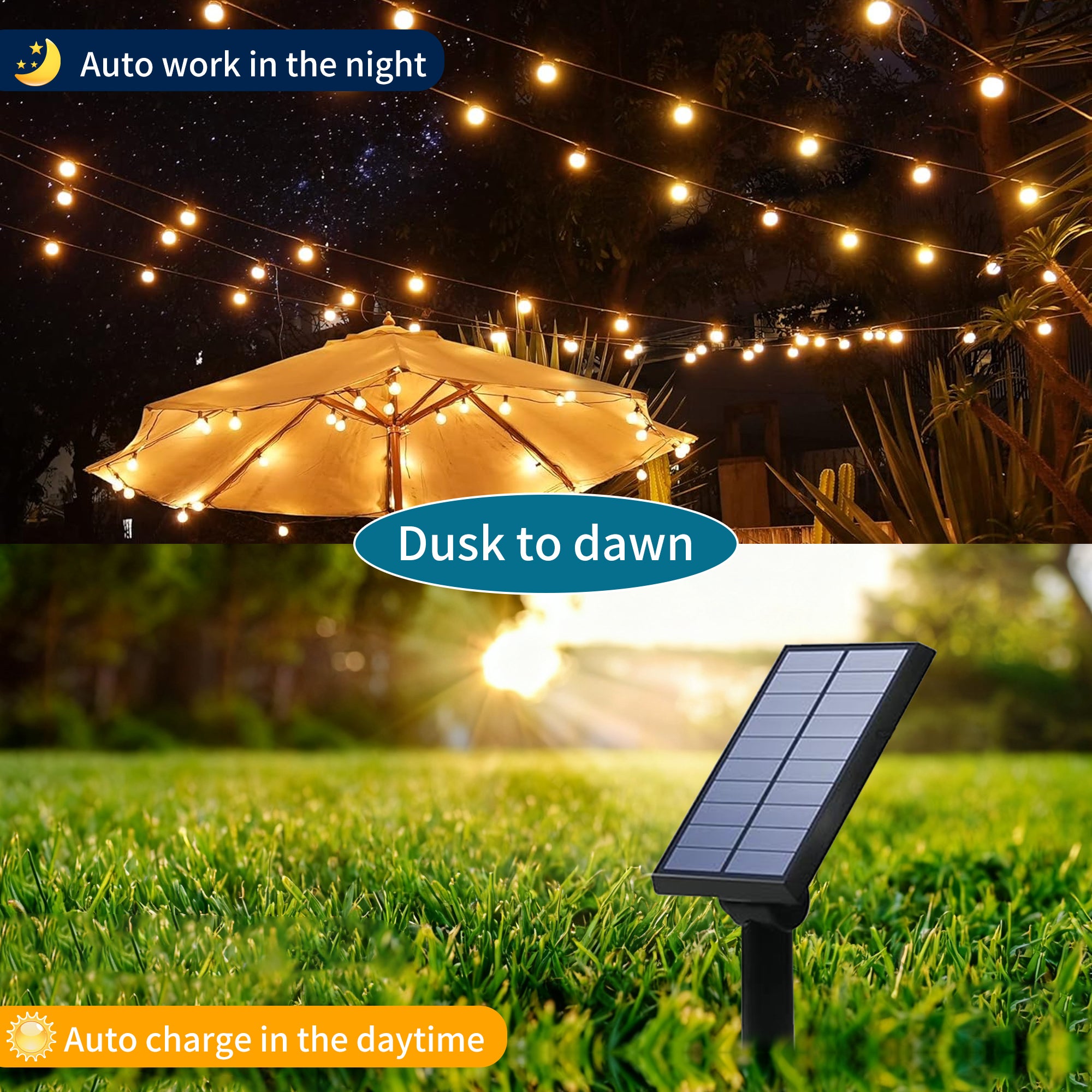 LUXEN Cadena de luces solares para exteriores de 10M, Impermeables con 40 Bombillas Estilo Edison LED Irrompibles de Luz Cálida (1W), para Patio - 5