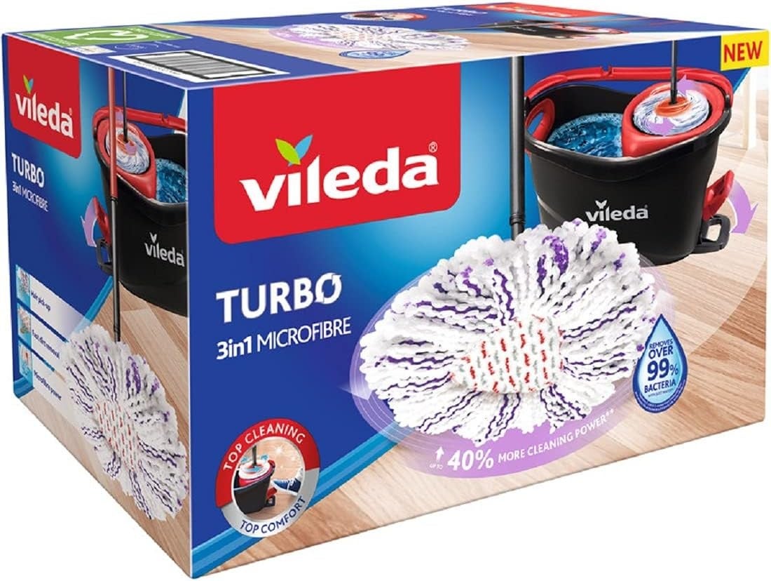Vileda, Turbo 3en1, Balai à franges et seau pivotant avec pédale, Manche télescopique 85-123 cm, Raclette pivotante - 3