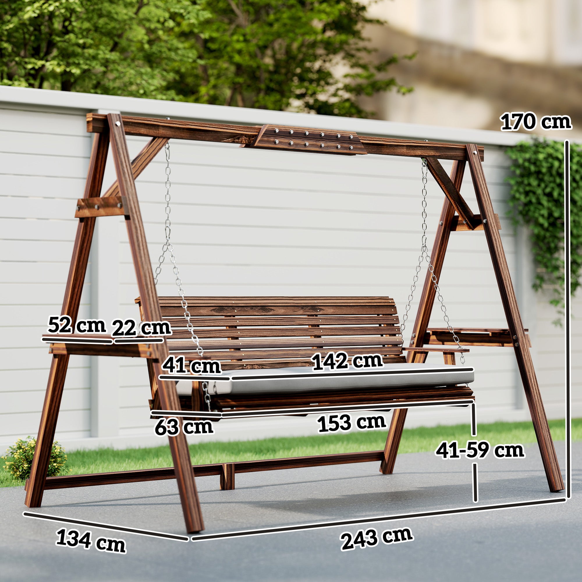 Swing hollywoodien balançoire jardin bois 3 places coussin assise étagères jusqu'à 330 kg calcinées - 5