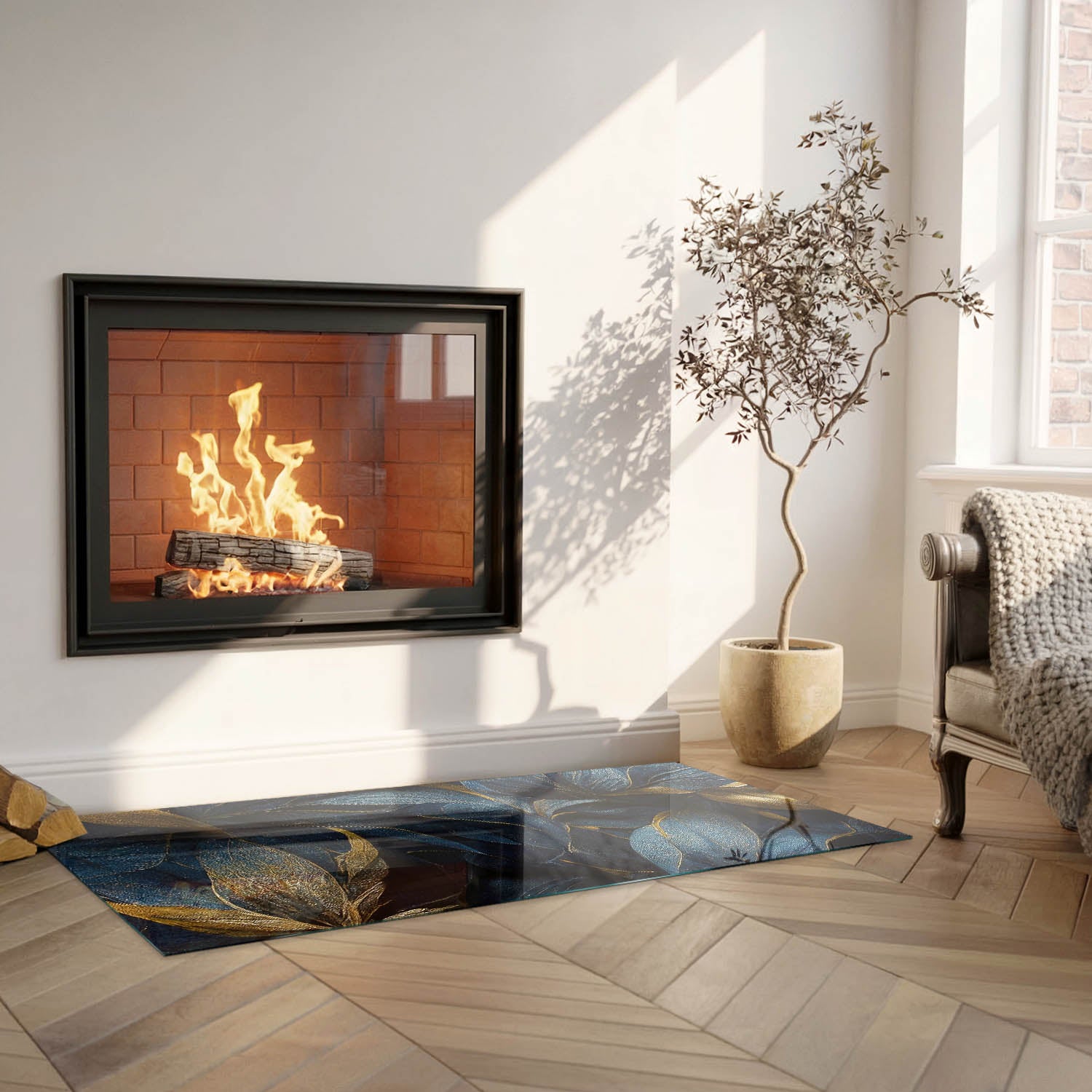 Szkło hartowane na podłogę pod kominek - 125x50 cm - Eleganckie liście w fakturze - TULUP - 5
