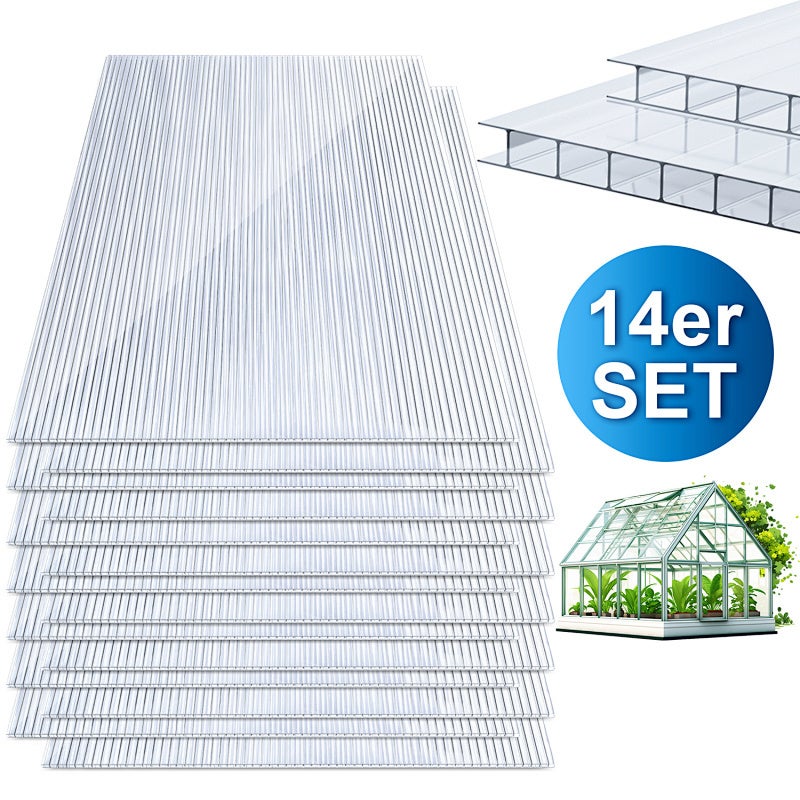 14 placas de policarbonato alveolar 4 mm 121×60,5 cm, doble pared aislante, para invernadero, 10,25 m²