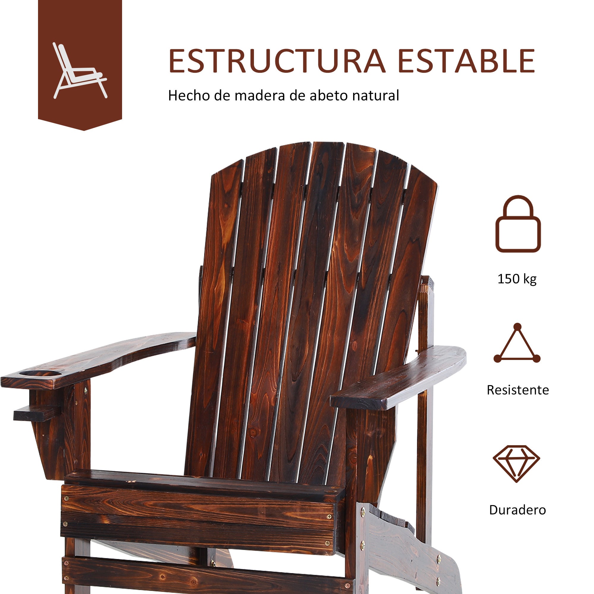 Cadeira Adirondack de Jardim Outsunny Castanho Rústico Madeira de Abeto 72.5x97x93cm - 6