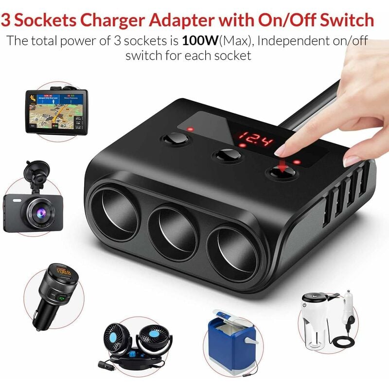 OBEST Sdoppiatore Presa Accendisigari Auto 3 Porte + 4 USB – 100W, Interruttori, Display Tensione