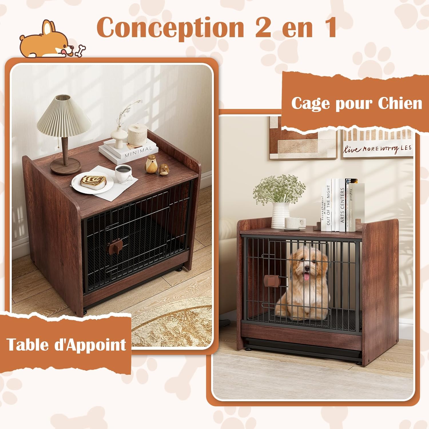 Jaulas para Perros, Casa para Perros Diseño 2 en 1 con Bandeja Extraíble, Puerta Bloqueable, Jaula Interior para Perros con Mesa Lateral para - 4