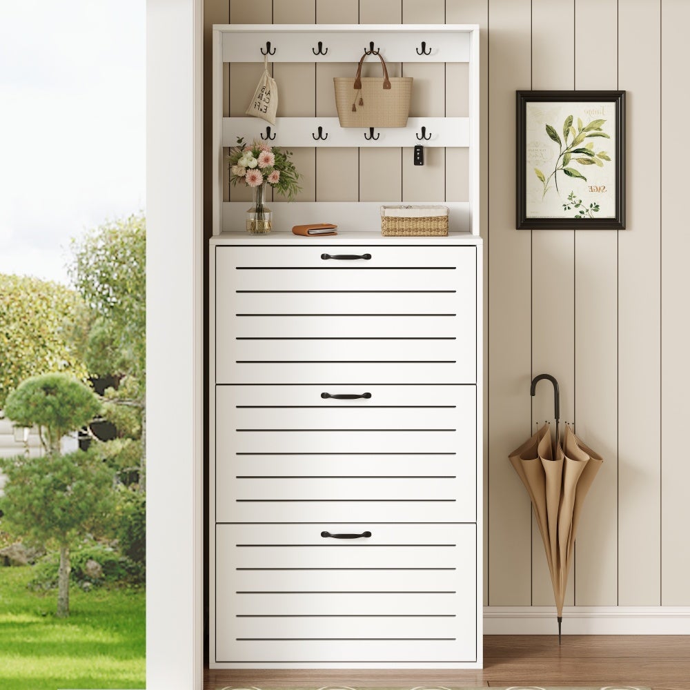 Scarpiera a 3 ante con ripiano e ganci, per 15 paia di scarpe, bianco, 70x25x163 cm, pannello in truciolato - 7