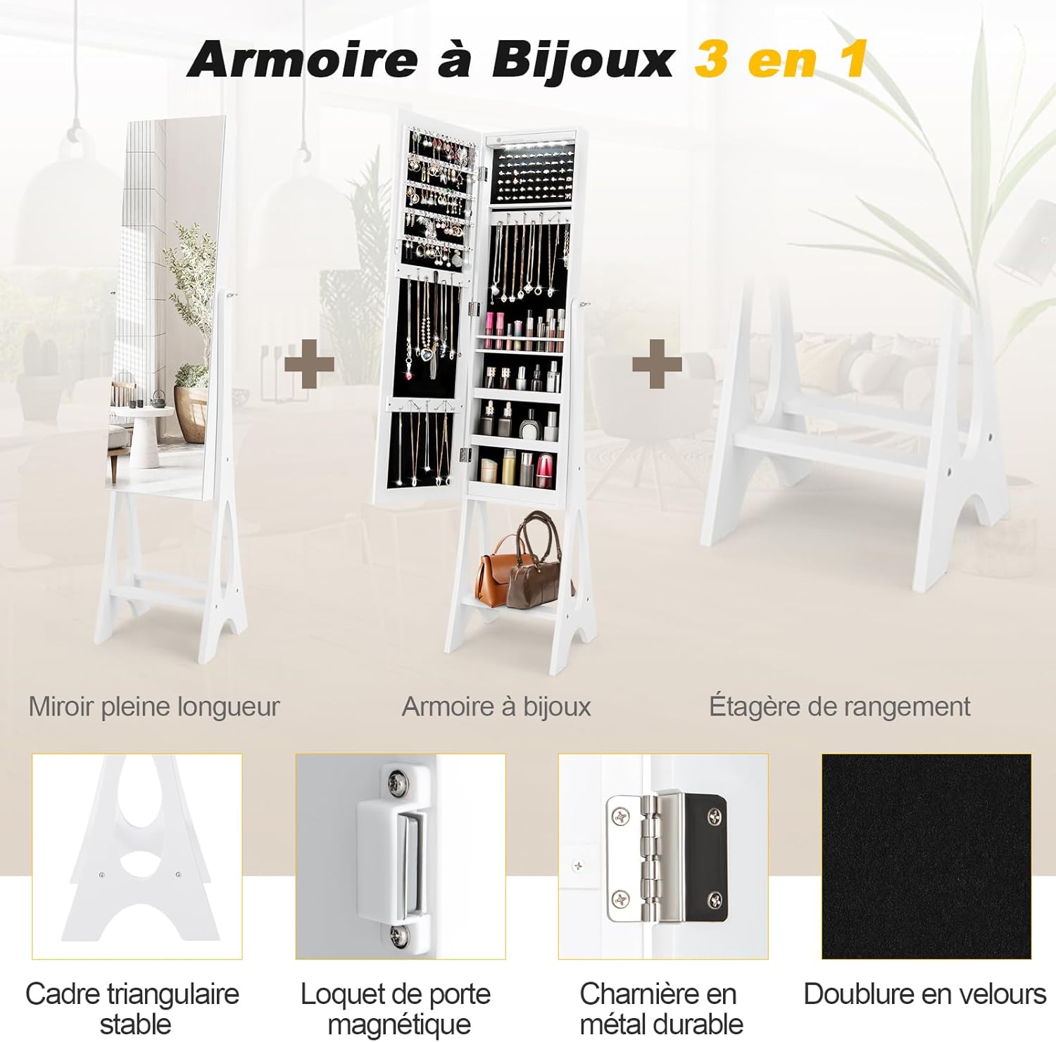 Armoire à Bijoux sur Pied avec Lumières LED et Miroir,avec Miroir Plein Longueur sur le Miroir,Organisateur d'Armoire à Bijoux,3 Etagères (Blanc) - 2