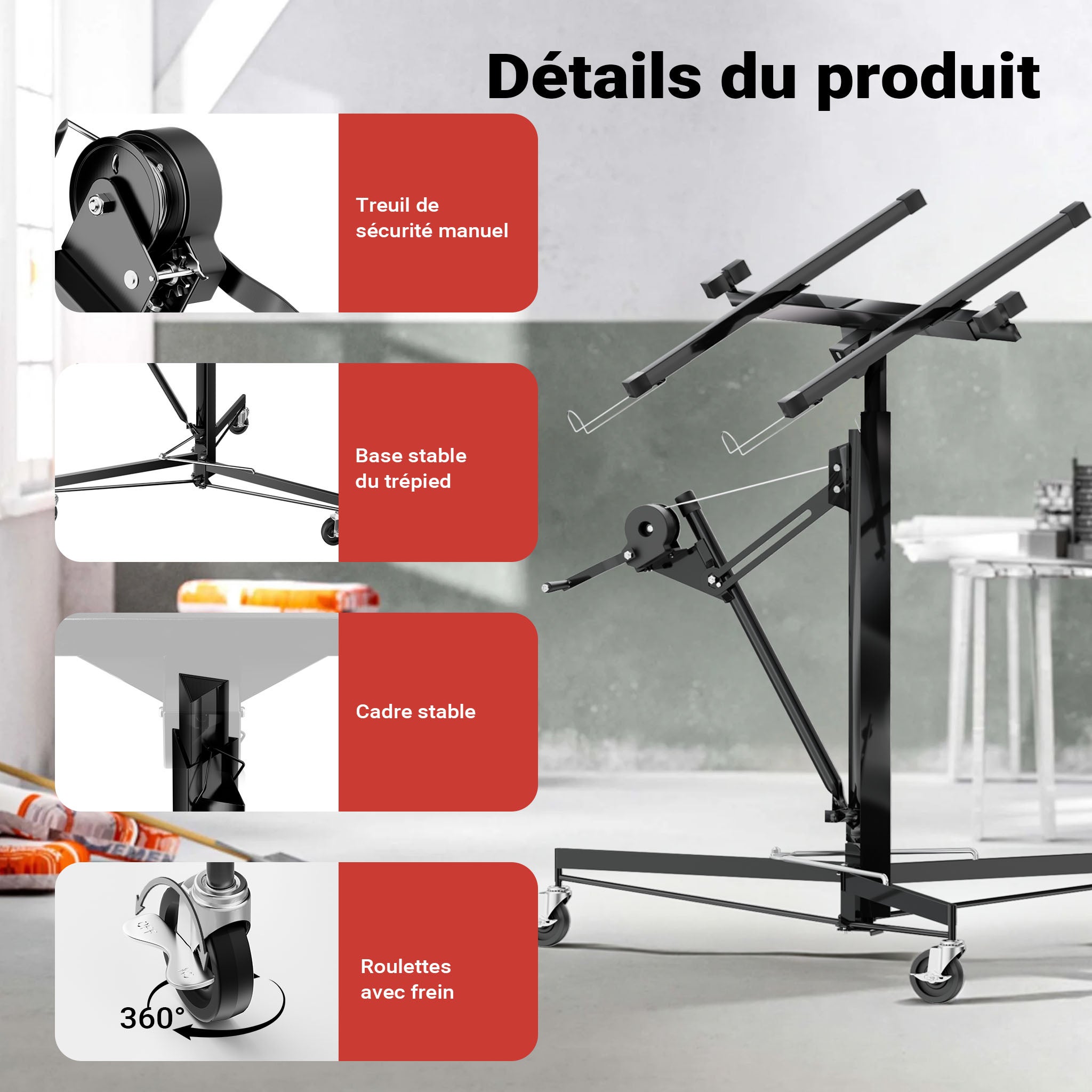 Lève-panneaux XXL Panneaux placoplâtre - Hauteur 140-350cm / Charge max 68 kg / Angle d'inclinaison 60° / 3 roulettes - Lève-plaque Monte… Wiltec - 7