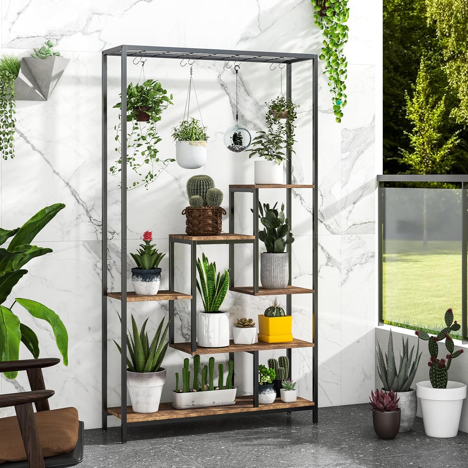 Support pour Plantes Intérieur à 6 Niveaux, Présentoir pour Pots de Fleurs 100x30x180cm , 10 Crochets, Étagère à Fleur Style Industriel, Marron - 9