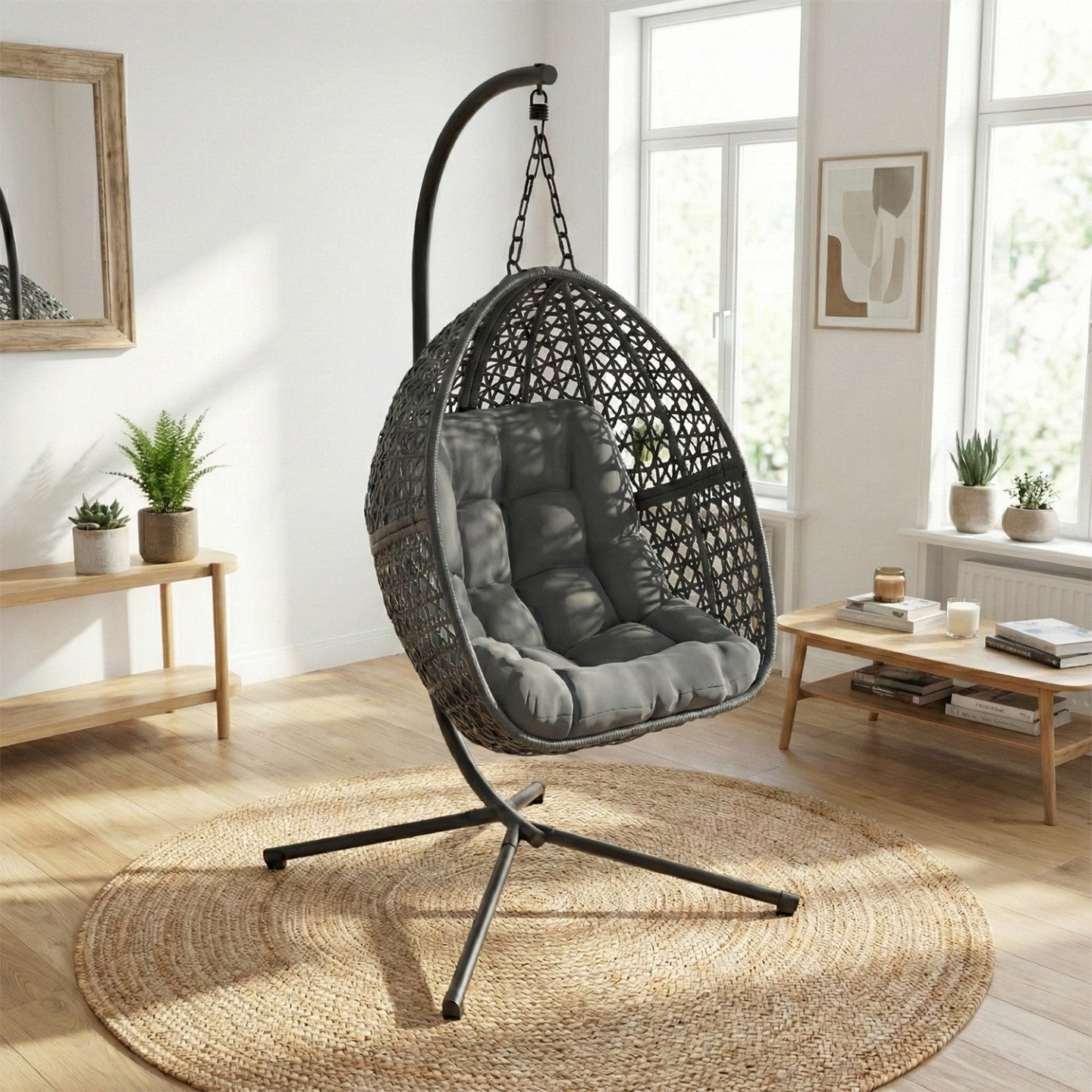 Fauteuil lune suspendu ajouré effet rotin avec coussin gris - 3