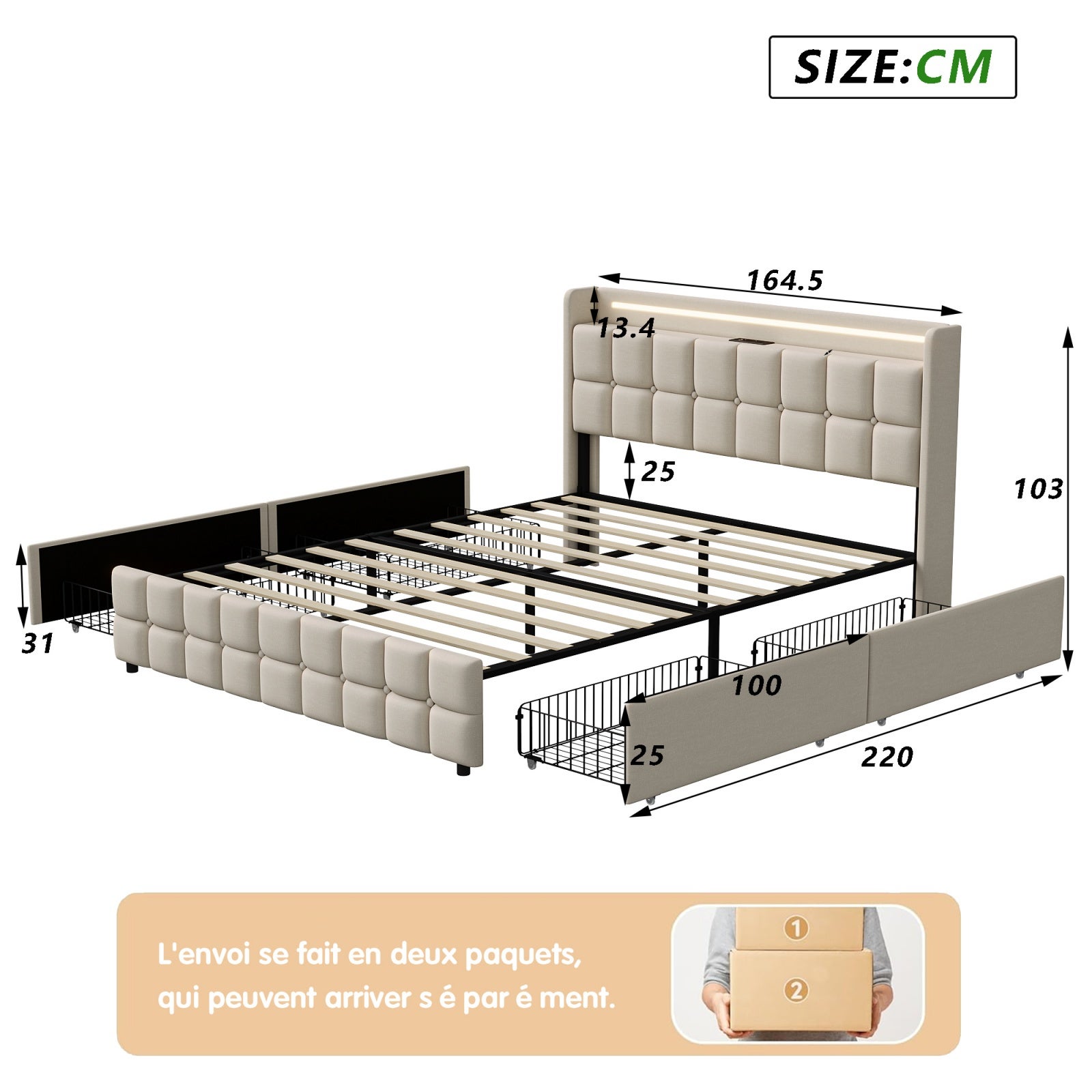 Lit 160 x 200 cm double avec rangement,Lit rembourré,Avec 4 tiroirs,Ports de recharge USB,Éclairage LED réglable,Tissu lin beige,Sommier à lattes - 3