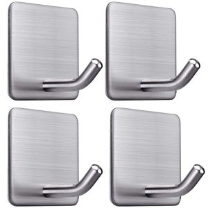 Crochet Adhésif 4 Pièces Acier Inox Mat – Porte-Serviettes Sans Perçage Salle De Bain Cuisine – Charge Max 3 Kg
