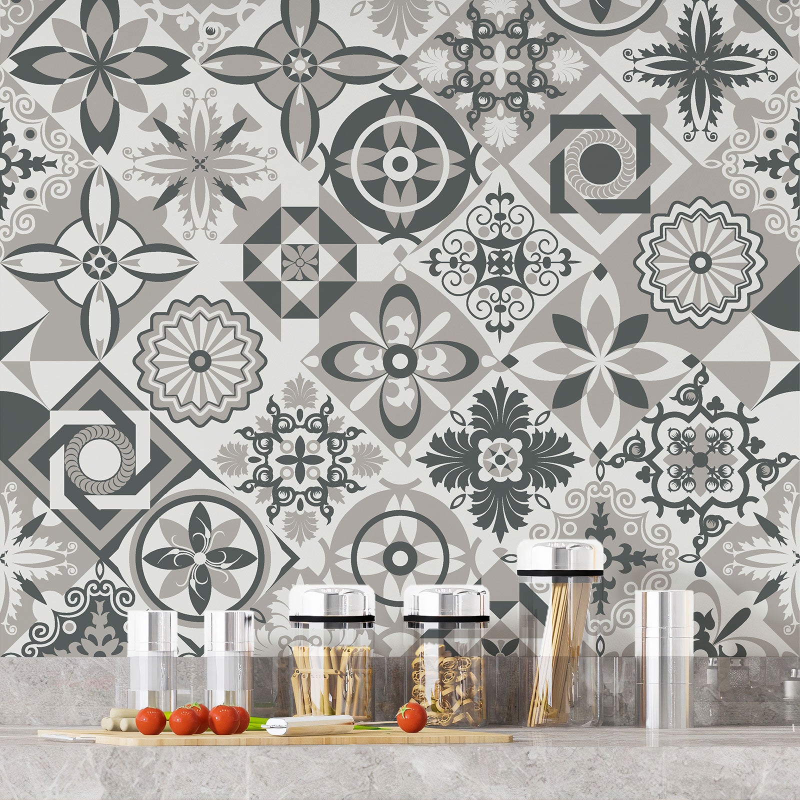 Crédence adhésive sticker décoratif pour cuisine - Effet carreaux de ciment - Adhésif BRILLANT - 50x50 cm - 4