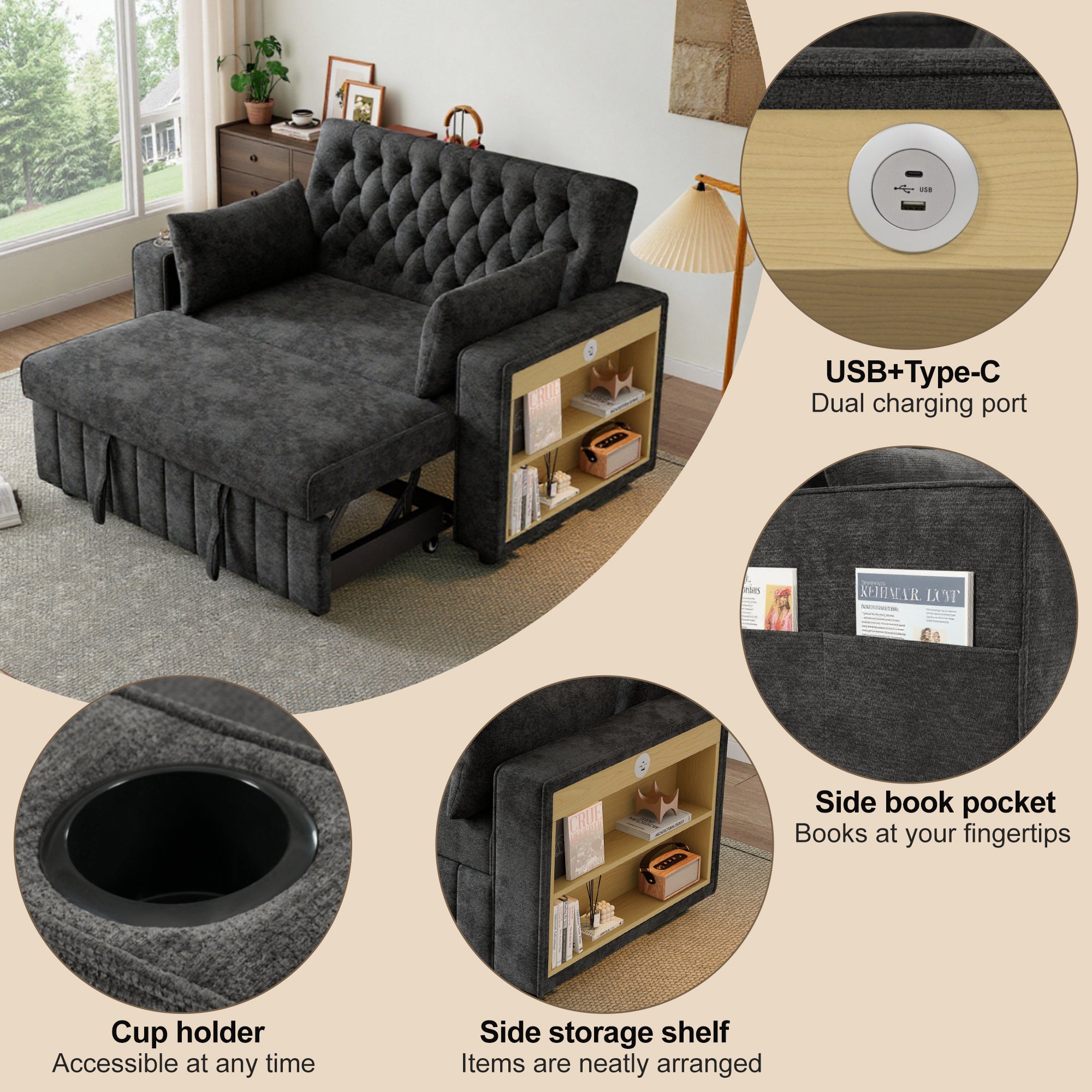 Canapé pliant moderne pour 2 personnes - avec porte-gobelets - avec ports de charge USB - avec coussins - tissu chenille - Gris - 5