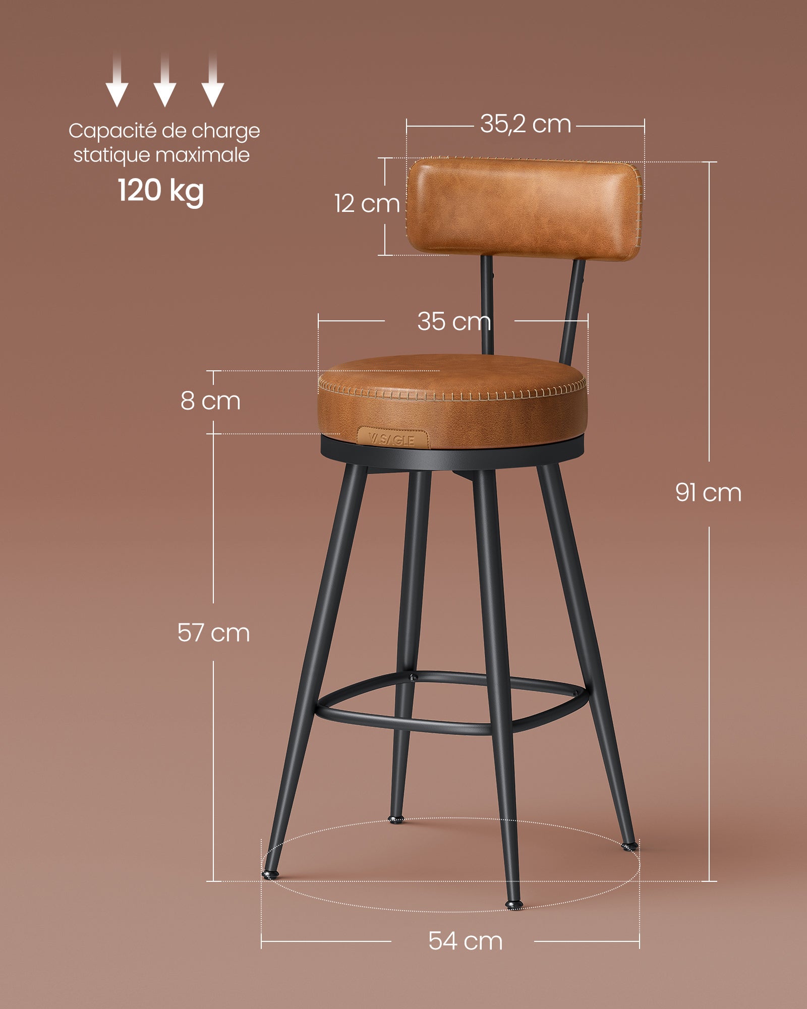 Tabouret de Bar, Lot de 2, Siège Rembourré, PU avec Coutures, Style Moderne Mi-siècle, Hauteur 65 cm, Marron Caramel - 5