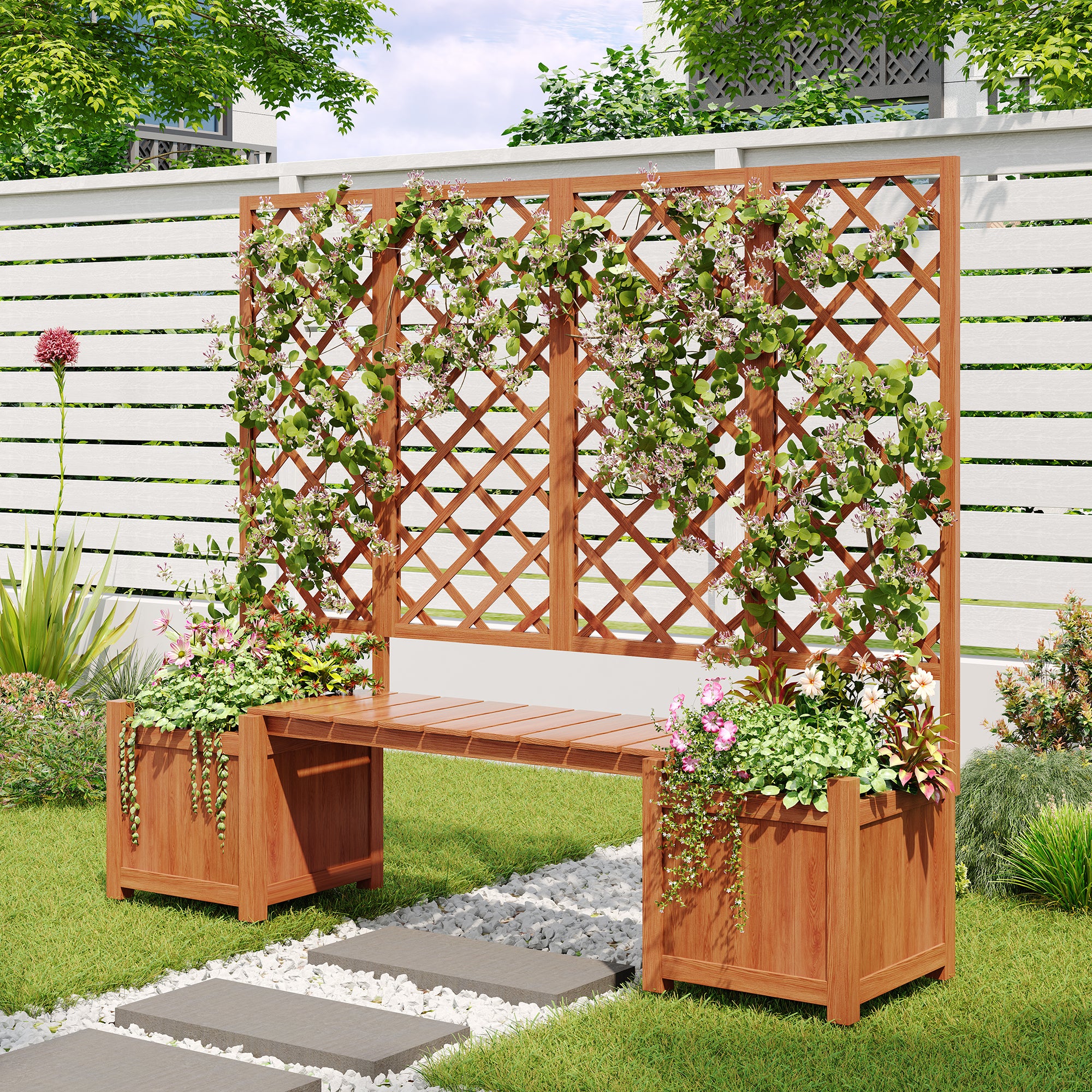 Lot de 2 Jardinière sur pièds avec Treillis en bois massif + 1 banc- 169 x 42 x 145 cm - Marron - 2