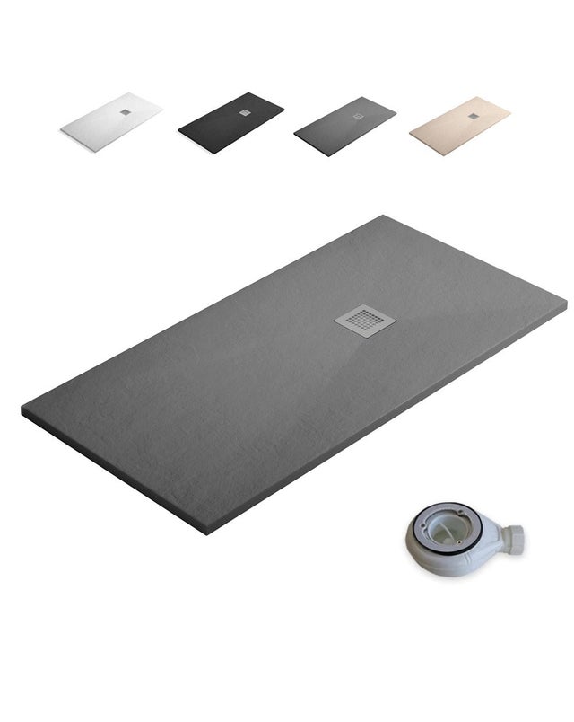 Receveur de Douche Extra-plat en Résine | 120 x 70 cm | Antidérapant Texture Ardoise Douce | Bonde d’Évacuation et Grille | Gris