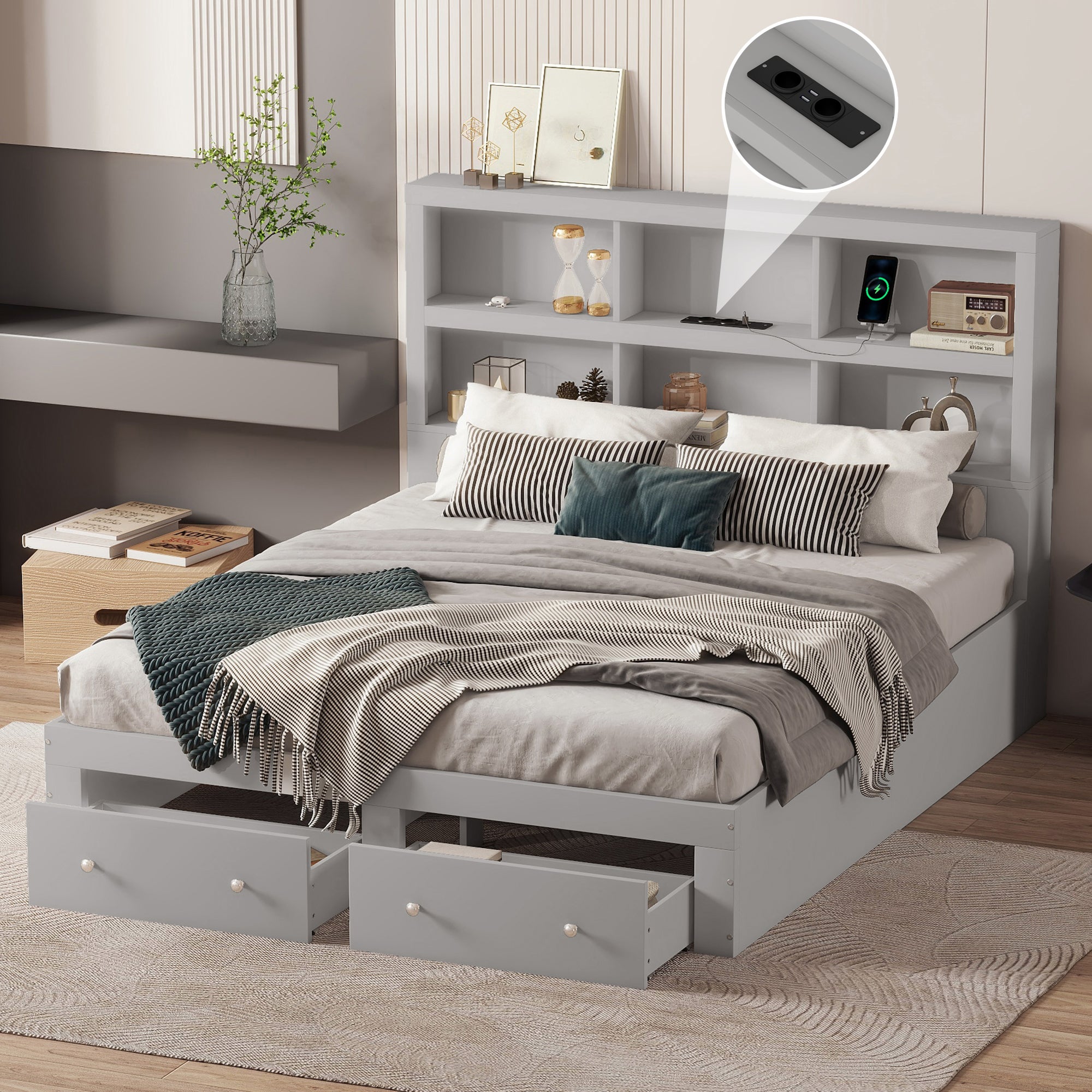 Mueble De Cama Doble De Madera Maciza Moderna Con Lámpara Para Dormitorio - China Muebl De Dormitorio, Cama Doble