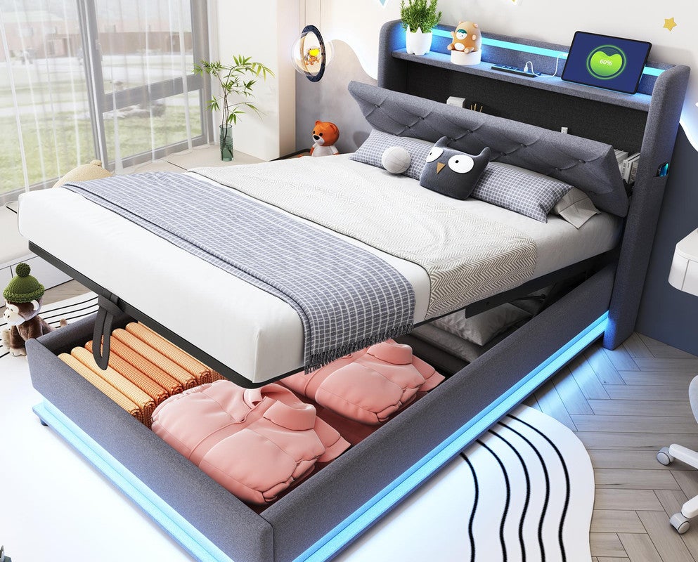 Łóżko dziecięce z pojemnikiem, tapicerowane, 90x200 cm - z LED - z portem USB - otwierany zagłówek - len - szare (bez materaca)