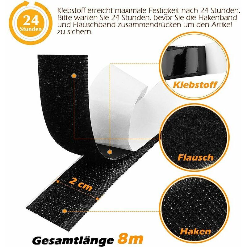 Ruban Velcro Auto-Adhésif 8M Extra Fort, Adhésif Double Face avec Velcro 20mm de Large Adhésif Adhésif Bande Velcro et Bande à Crochet (Noir) - 3