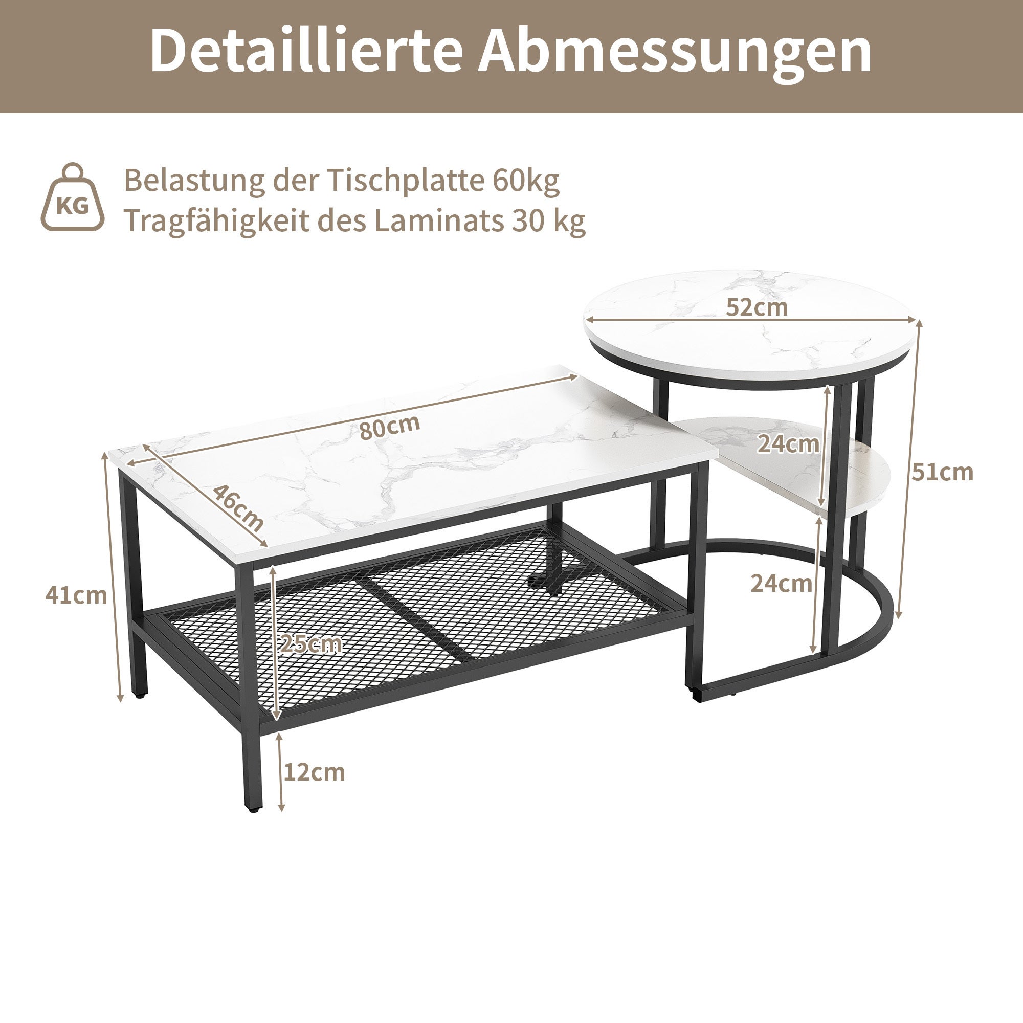Table basse, 2 pièces, plateau plaqué marbre, design divisé, avec étagères de rangement, table d'appoint - 4