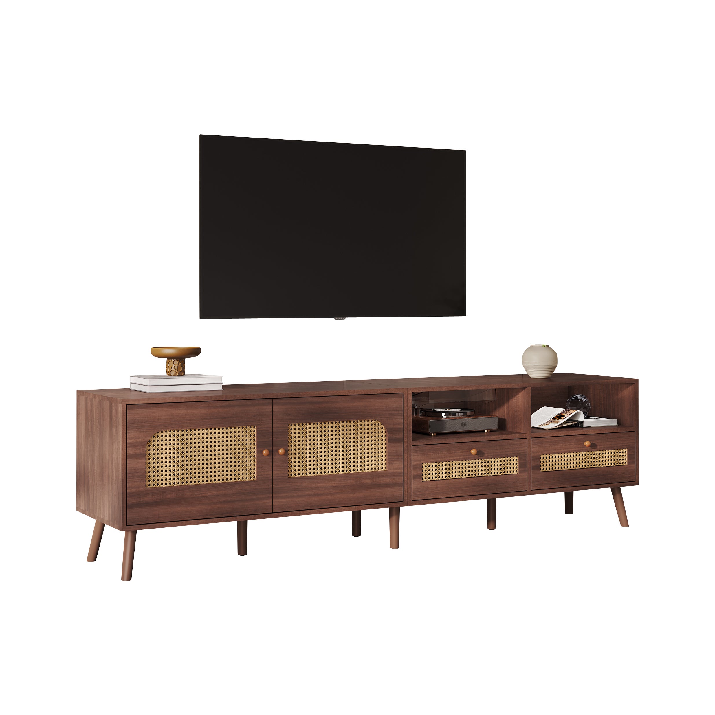 Bladez TV-Schrank Lowboard – 200x37x49,5 Cm, Braun, Mit Rattantüren & 2 Schubladen