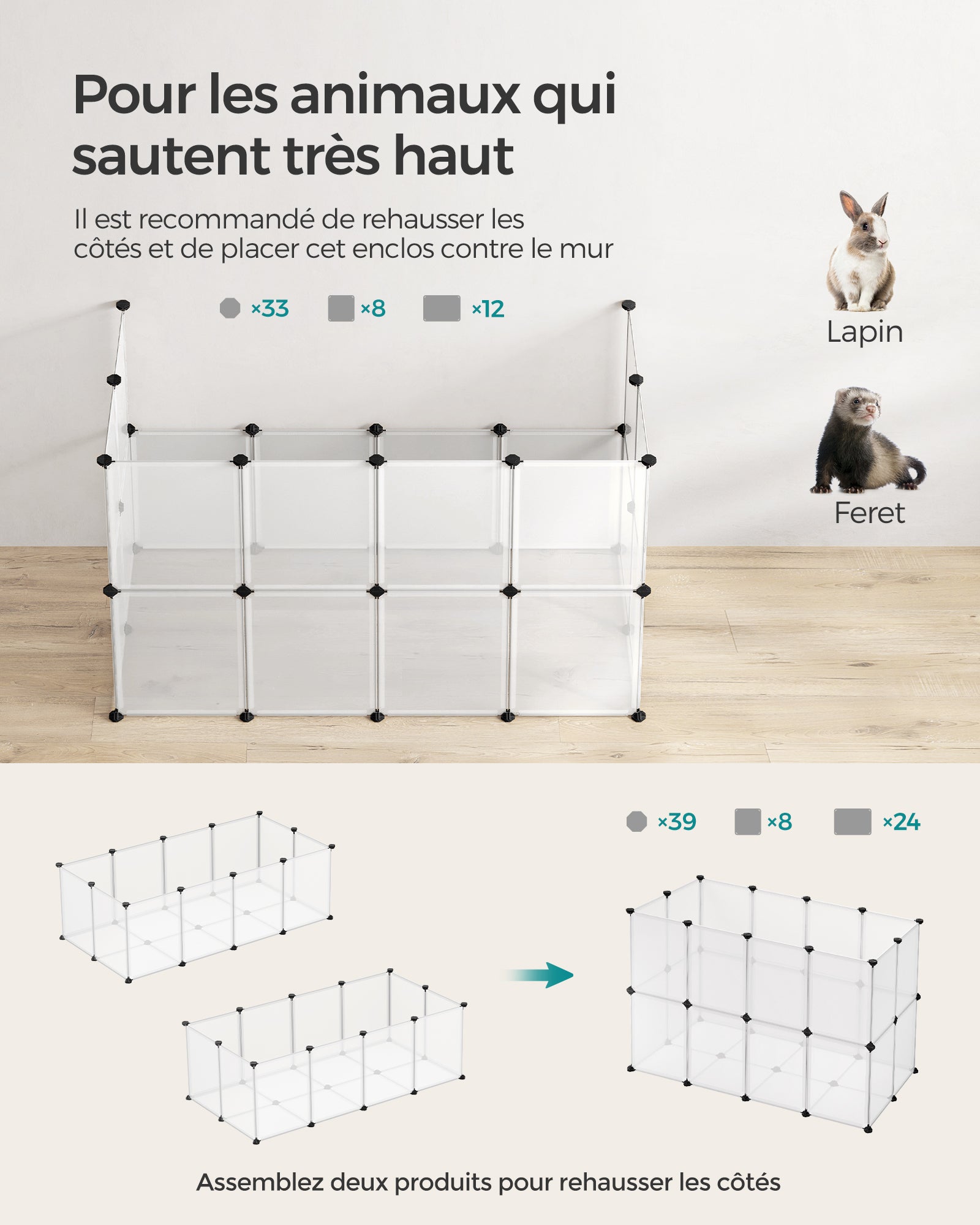 SONGMICS Parc Enclos, Cage, Clôture, avec Plancher, Intérieur, Modulable, Transparent, en Plastique, pour Cochon d’Inde, Lapin, Petits Animaux, Blanc - 6