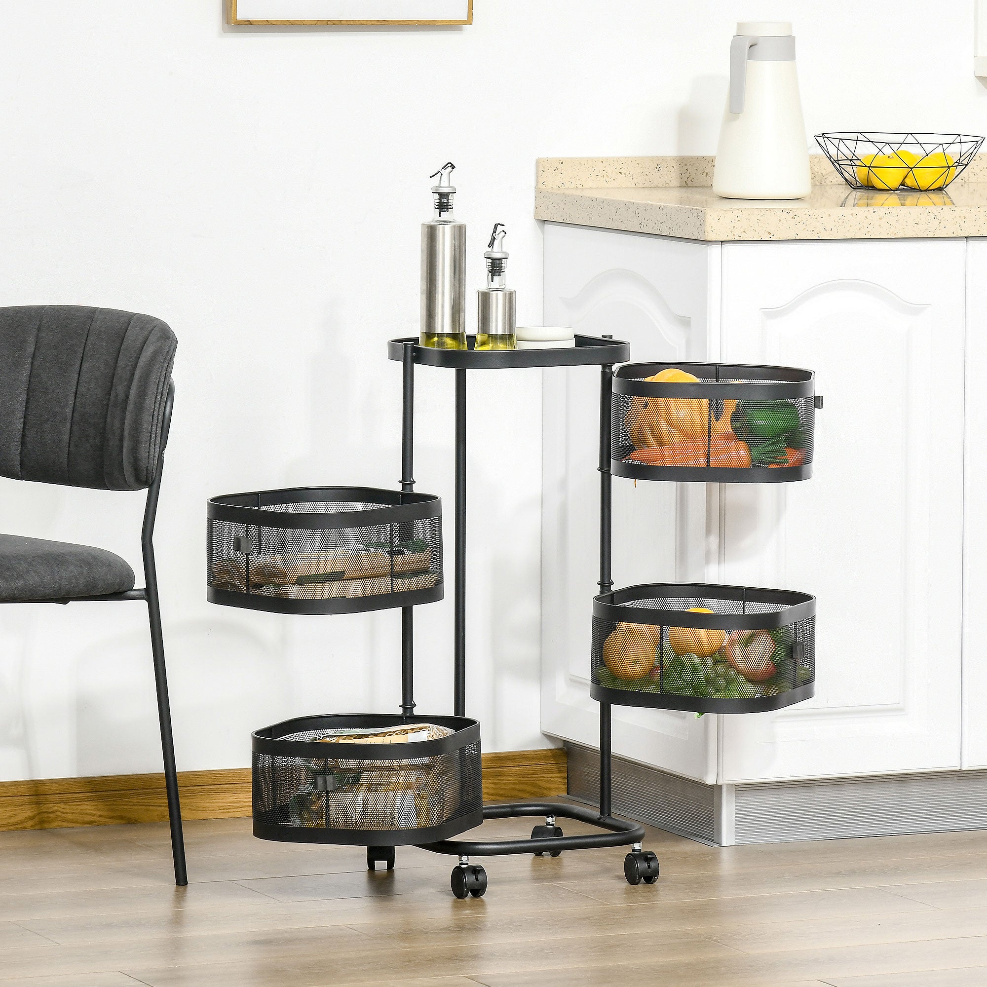 Étagère Paniers Rotatifs 4 Niveaux Sur Roues – Acier Noir H 75 Cm, Rangement Cuisine, Salle De Bain, Bureau, Mobile Et Pratique