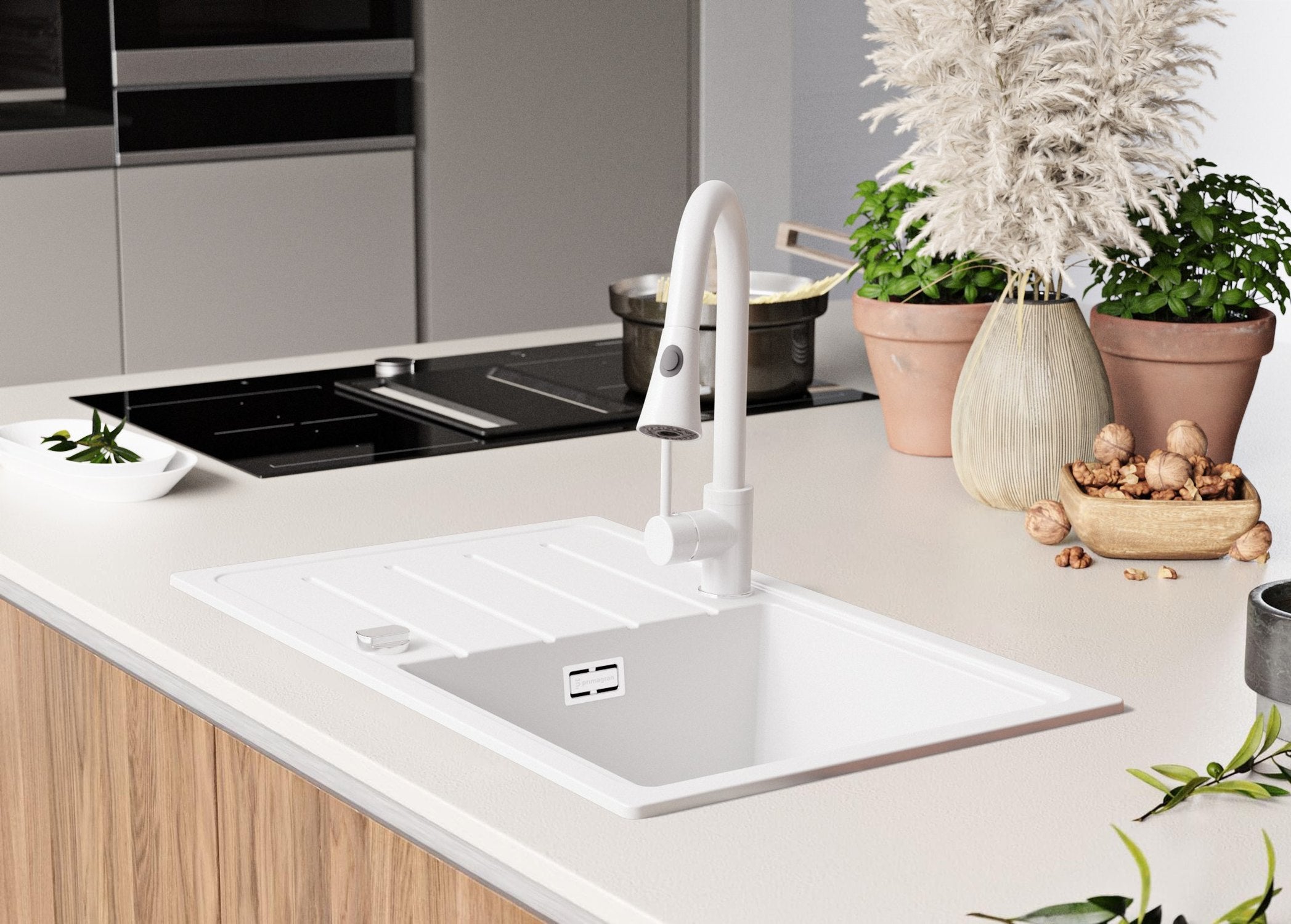 Evier Cuisine en Granit Blanc 70x44cm, Lavabo 1 bac + Kit de Vidage, Évier à Encastrer au meuble 45cm - Copenhague Easy PRIMAGRAN - 8